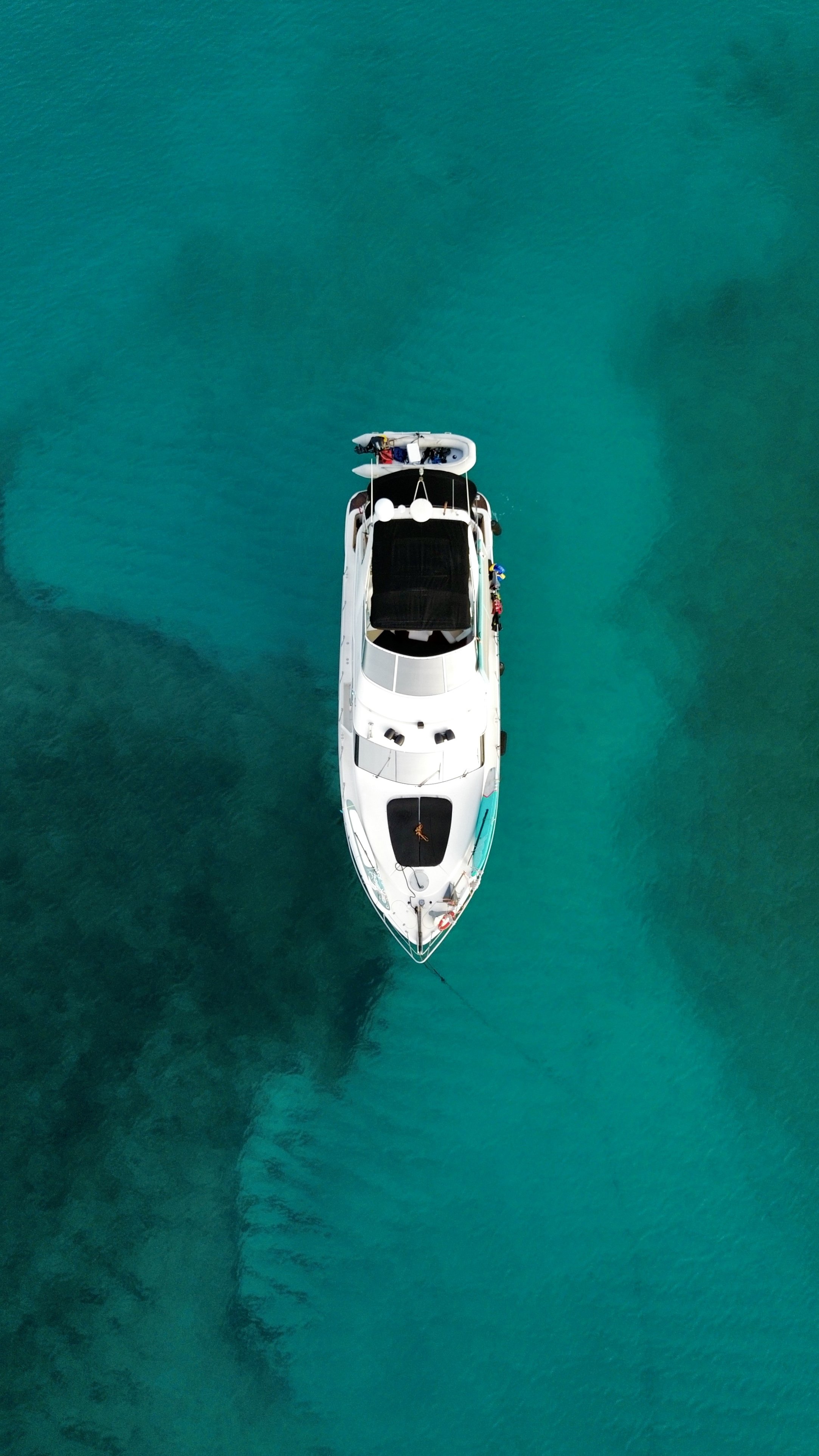 Aerial view of our Carver 450 Pilothouse anchored in clear turquoise water.