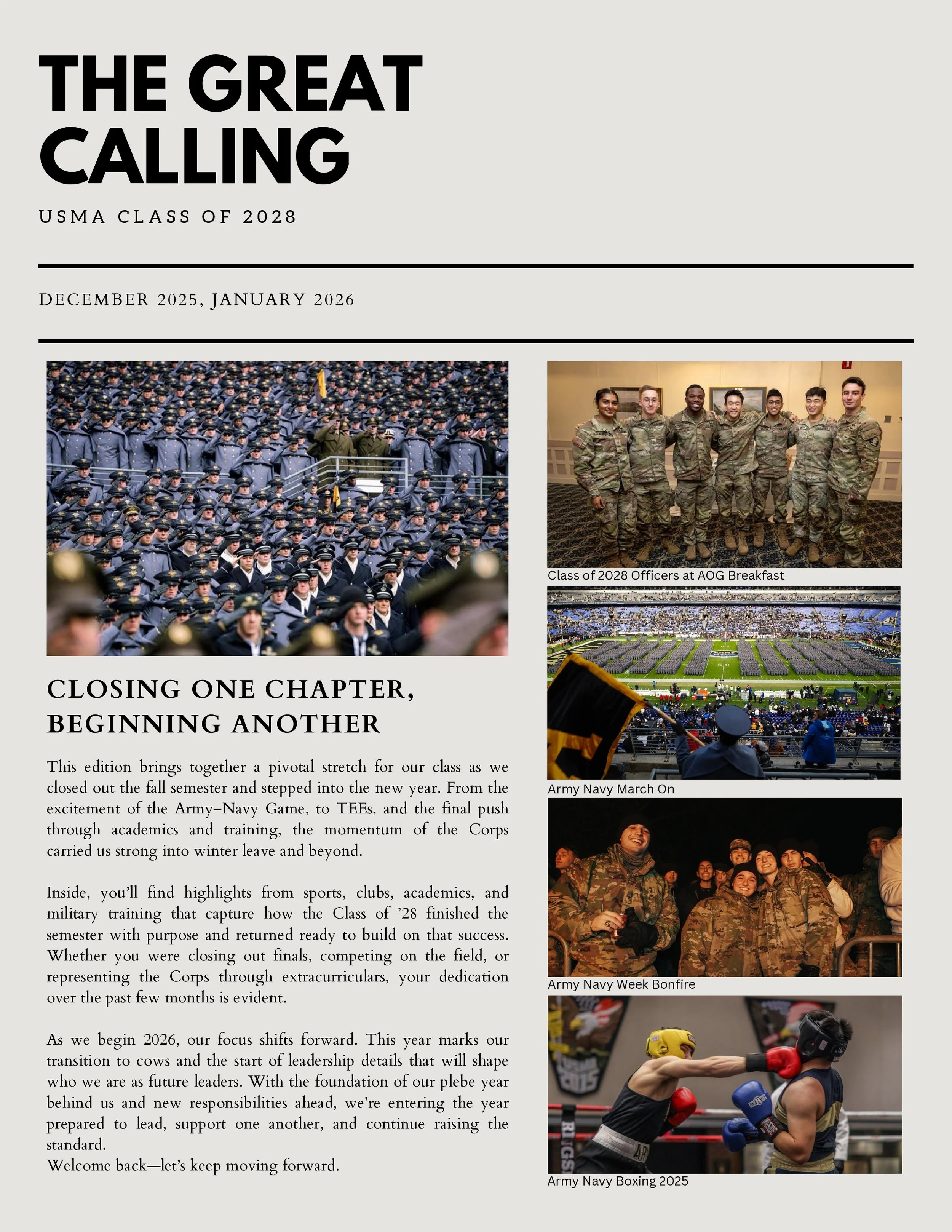 Multiple images from a military and sports graduation event, including a large formation of uniformed soldiers, officers at a breakfast, an army march, soldiers at a bonfire, and boxing match.