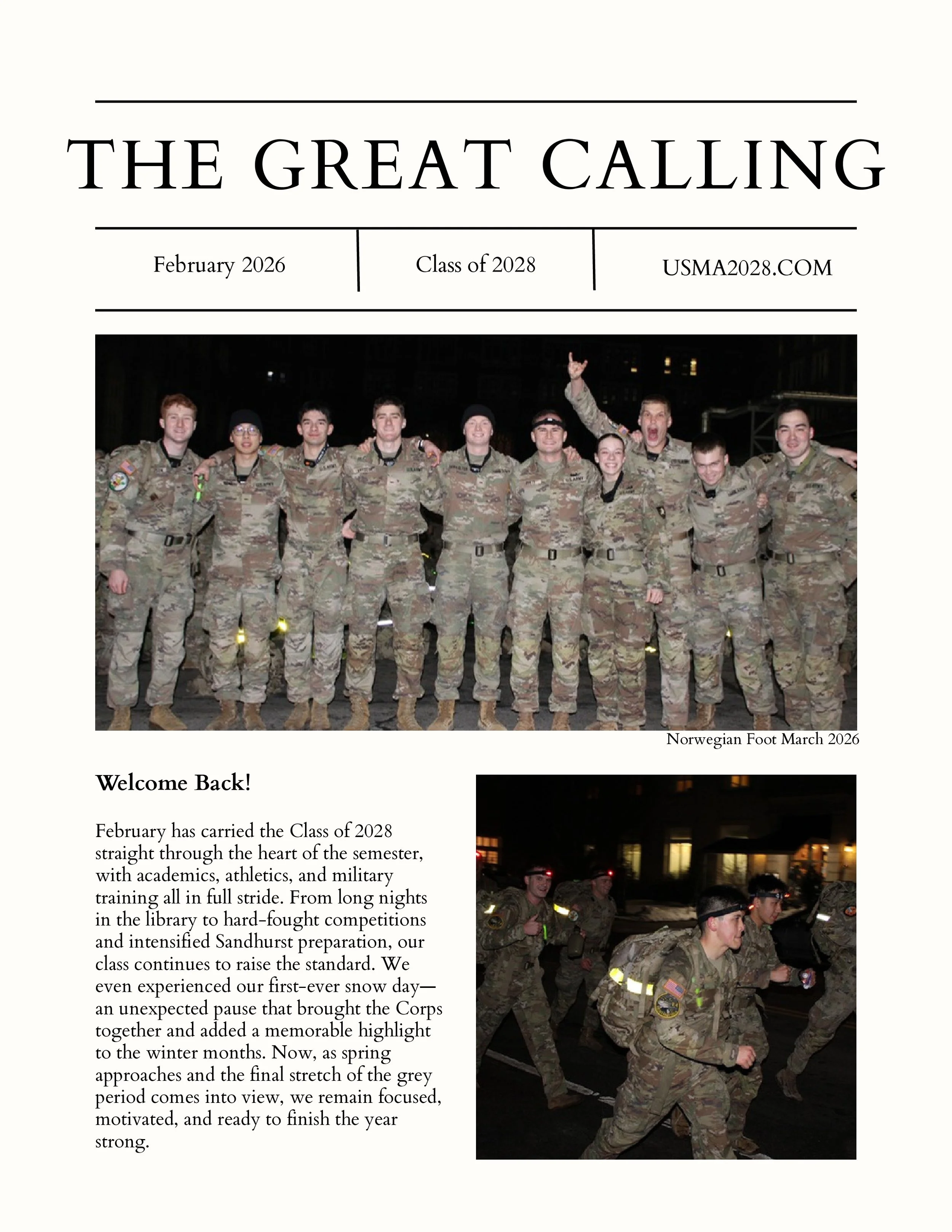 Photograph of nine military cadets in camouflage uniforms standing together outdoors at night, smiling, with some raising their arms. Caption reads 'Norwegian Foot March 2026'.