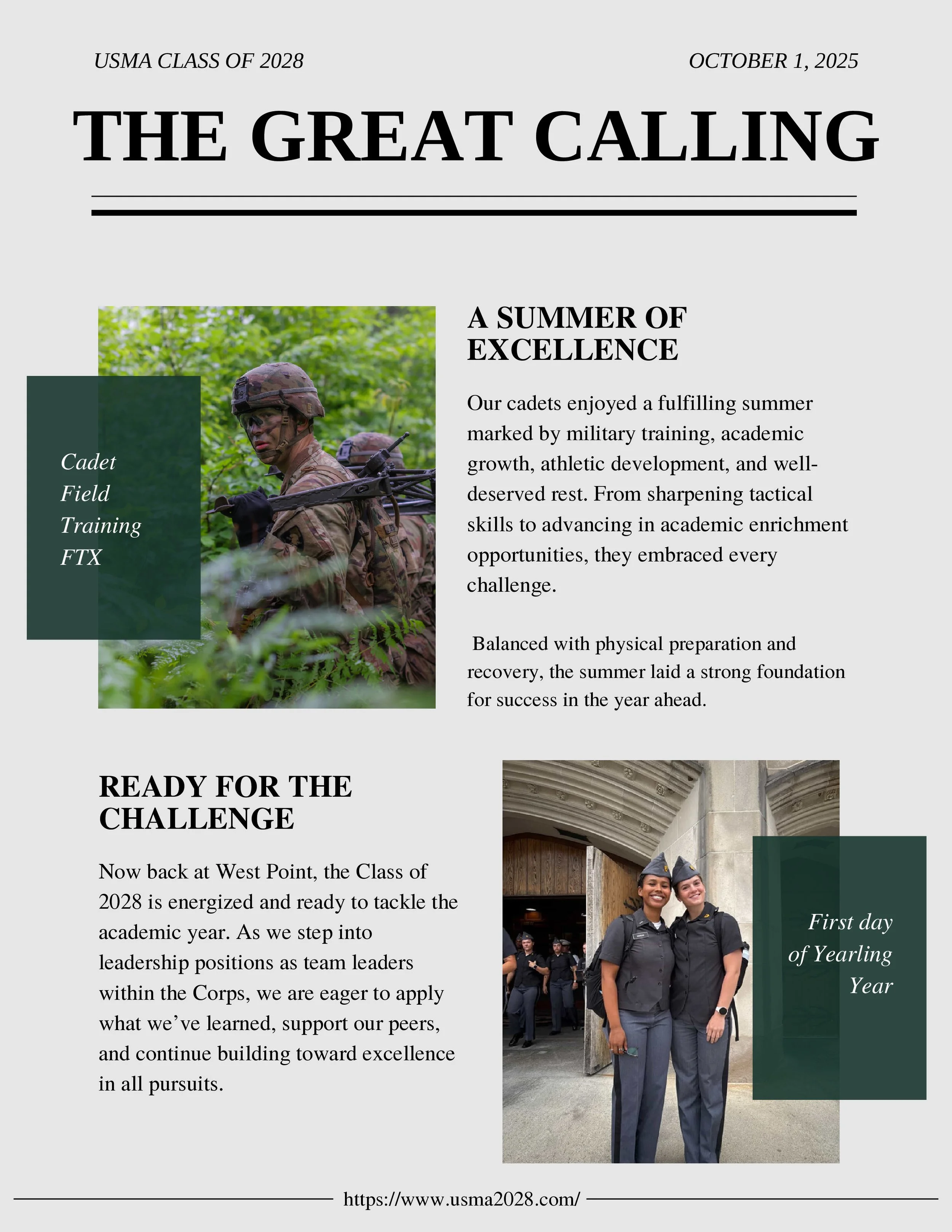 A newsletter page for USMA Class of 2028, dated October 1, 2025. The page features two photographs: one of cadets in military field training outdoors, and another of two women in uniform inside a building. The newsletter includes headings 'A Summer of Excellence' and 'Ready for the Challenge', with descriptions of the cadets' summer activities and preparations for the upcoming academic year.
