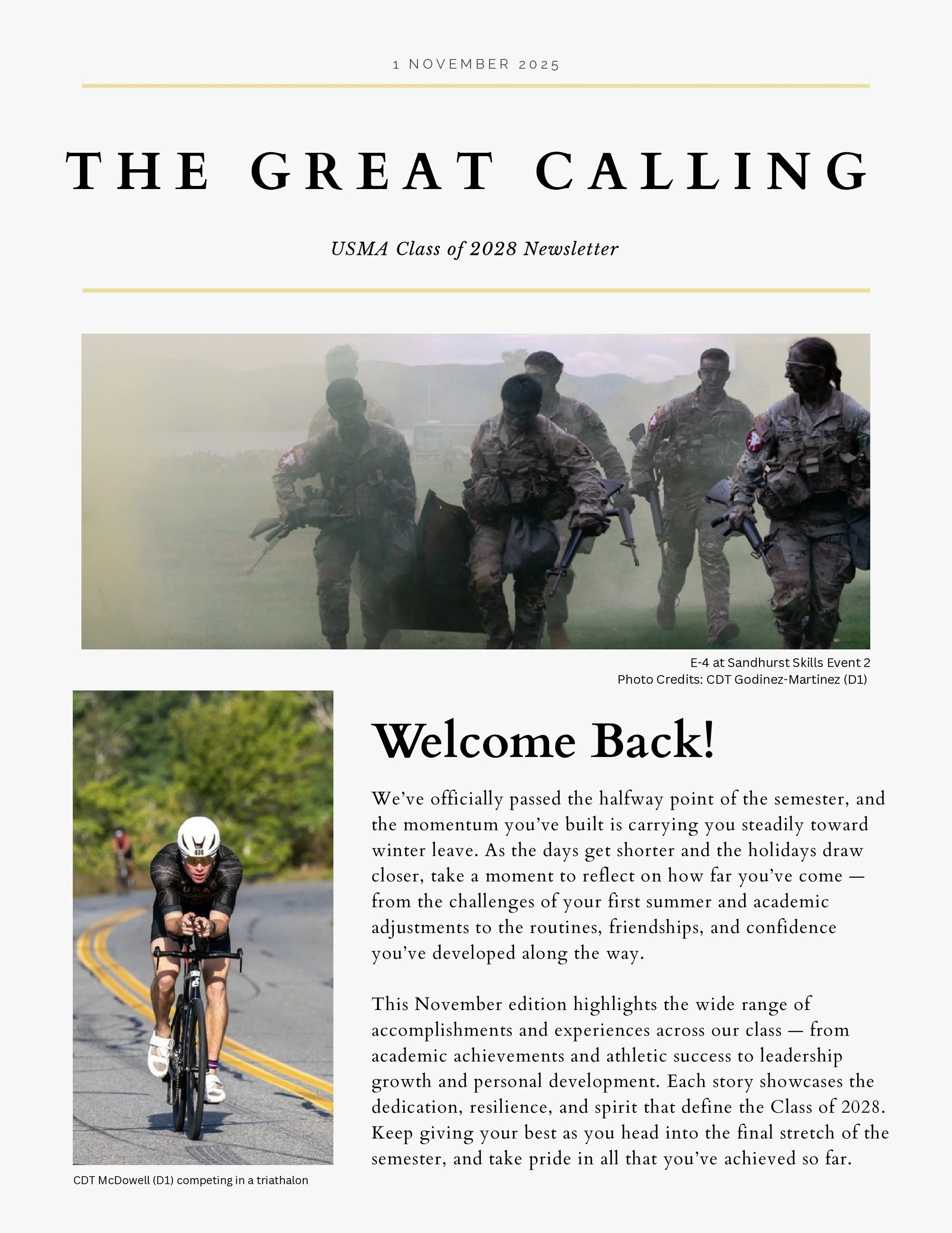A newsletter page titled "The Great Calling" for USMA Class of 2028, with images of military personnel and a cyclist, including a photo of soldiers at Sandhurst Skills Event and a cyclist competing in a triathlon.