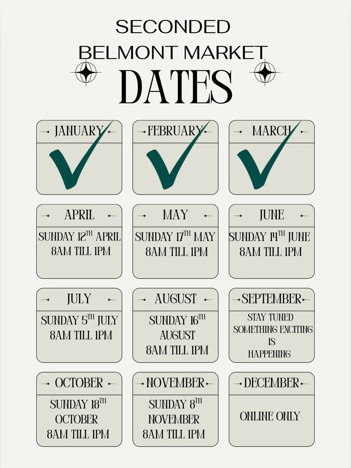 ✨Mark Your Calendars: 2026 Belmont Market Dates!✨

We&rsquo;re busy BTS, curating a fresh collection of preloved treasure for you! 

🔍 **On the Hunt?** If there&rsquo;s something specific you&rsquo;re after, drop us a message! We&rsquo;ll embark on 