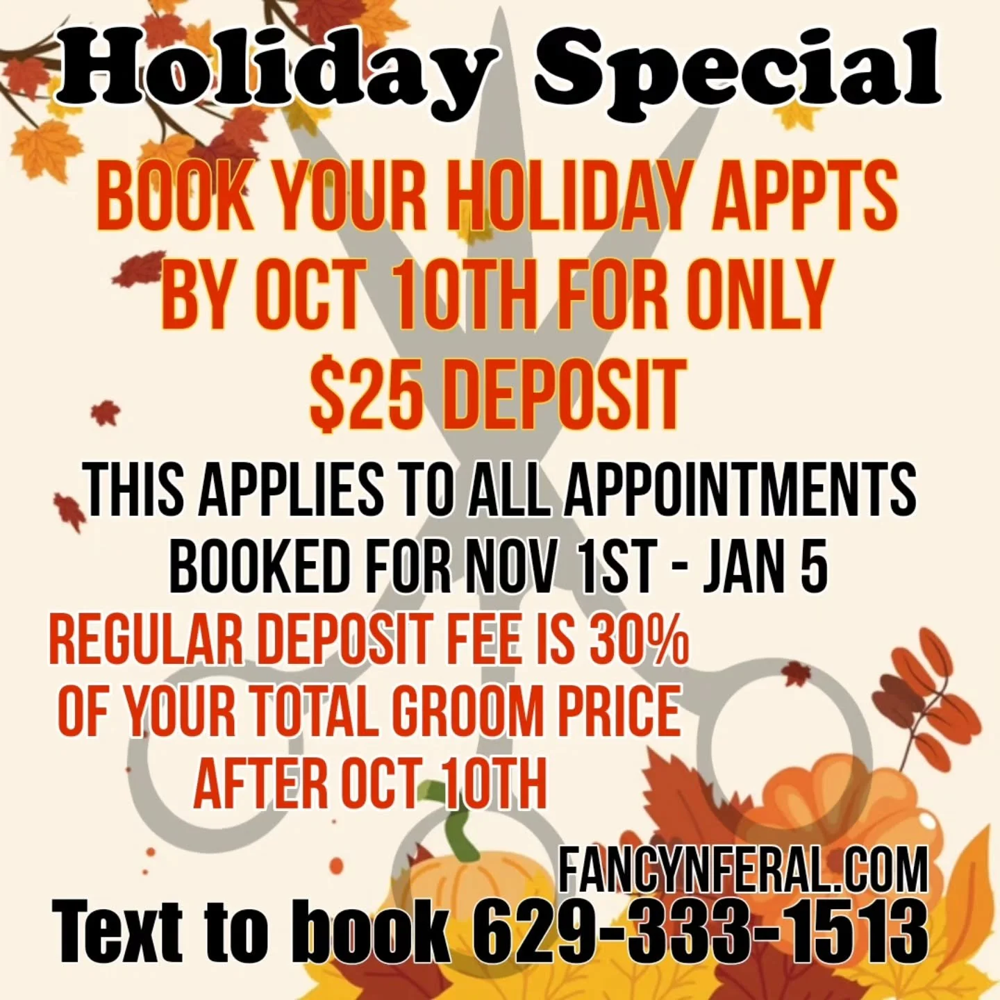 ✨️Hey everyone! ✨️ 

Just wanted to jump on here and let you know that until Oct 10th your holiday booking deposits will only be $25 to reserve your appointments this holiday season!!! 

After Oct 10th the booking deposit is 30% of your total groom p