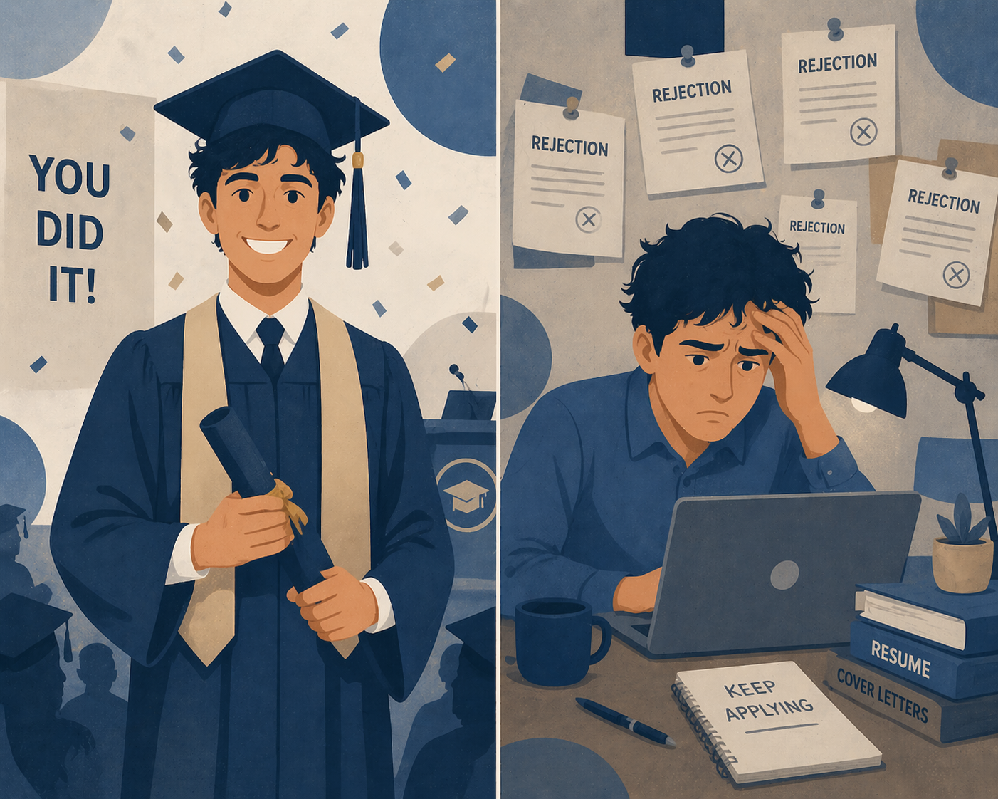 LinkedIn style graphic showing a college student graduating and then being rejected for jobs