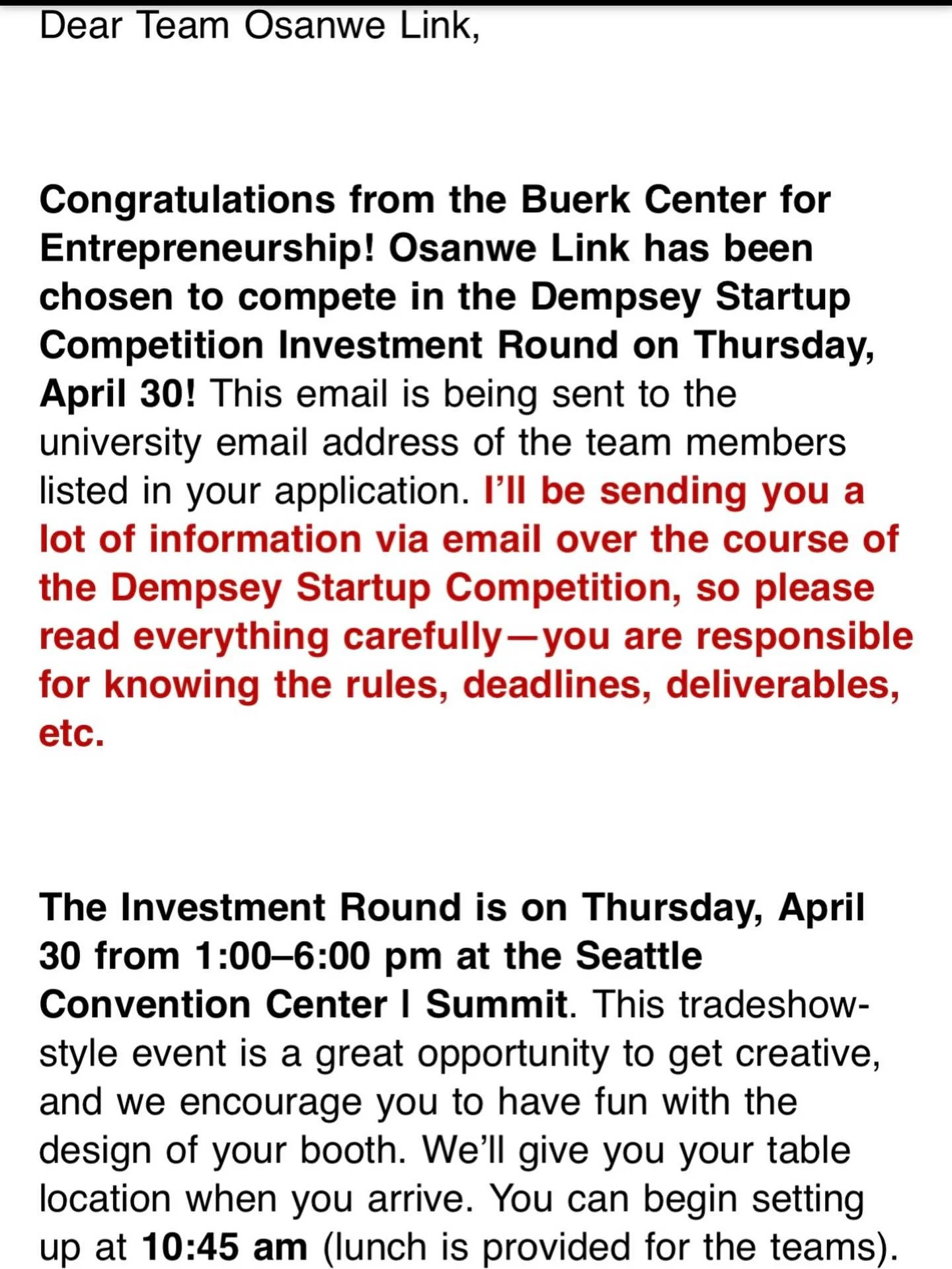 Osanwe Link made it to the Dempsey Startup Competition Investment Round!

Out of more the nearly 200 startups/ideas that applied to the Dempsey Startup Competition, only a group of 36 companies advance beyond the initial screening round for @uwbuerkc