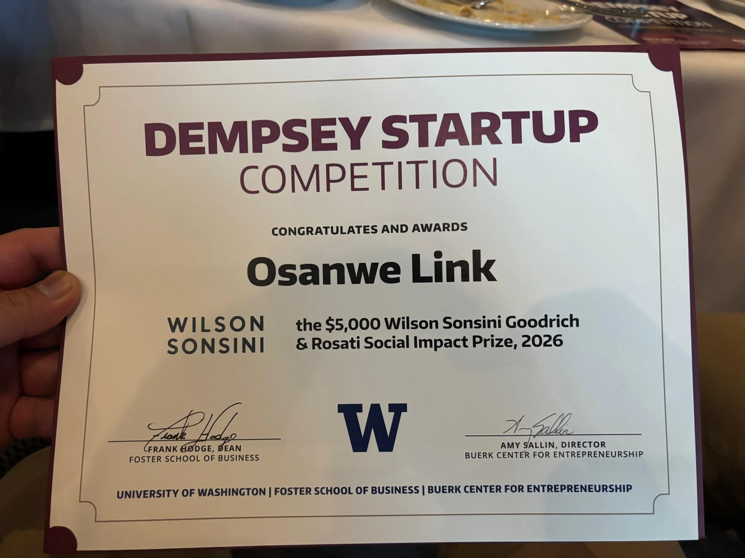 Osanwe Link was awarded the $5,000 Wilson Sonsini Goodrich &amp; Rosati Social Impact Prize at the UW Dempsey Startup Competition  and we are beyond grateful.
#startup #uw #bless