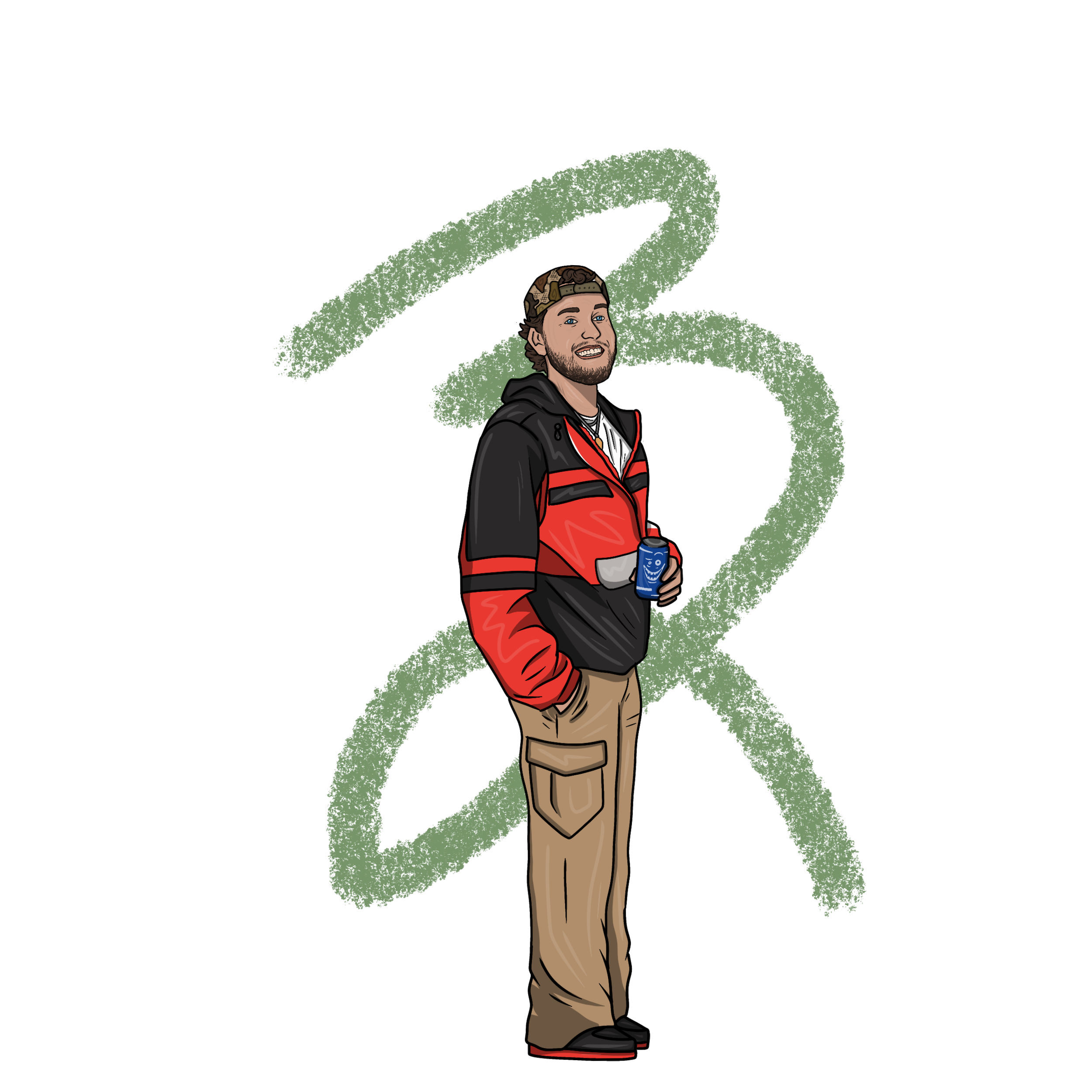 Illustration of a bearded man wearing an athletic style zip up and a backwards camouflage hat holding a gaterade.