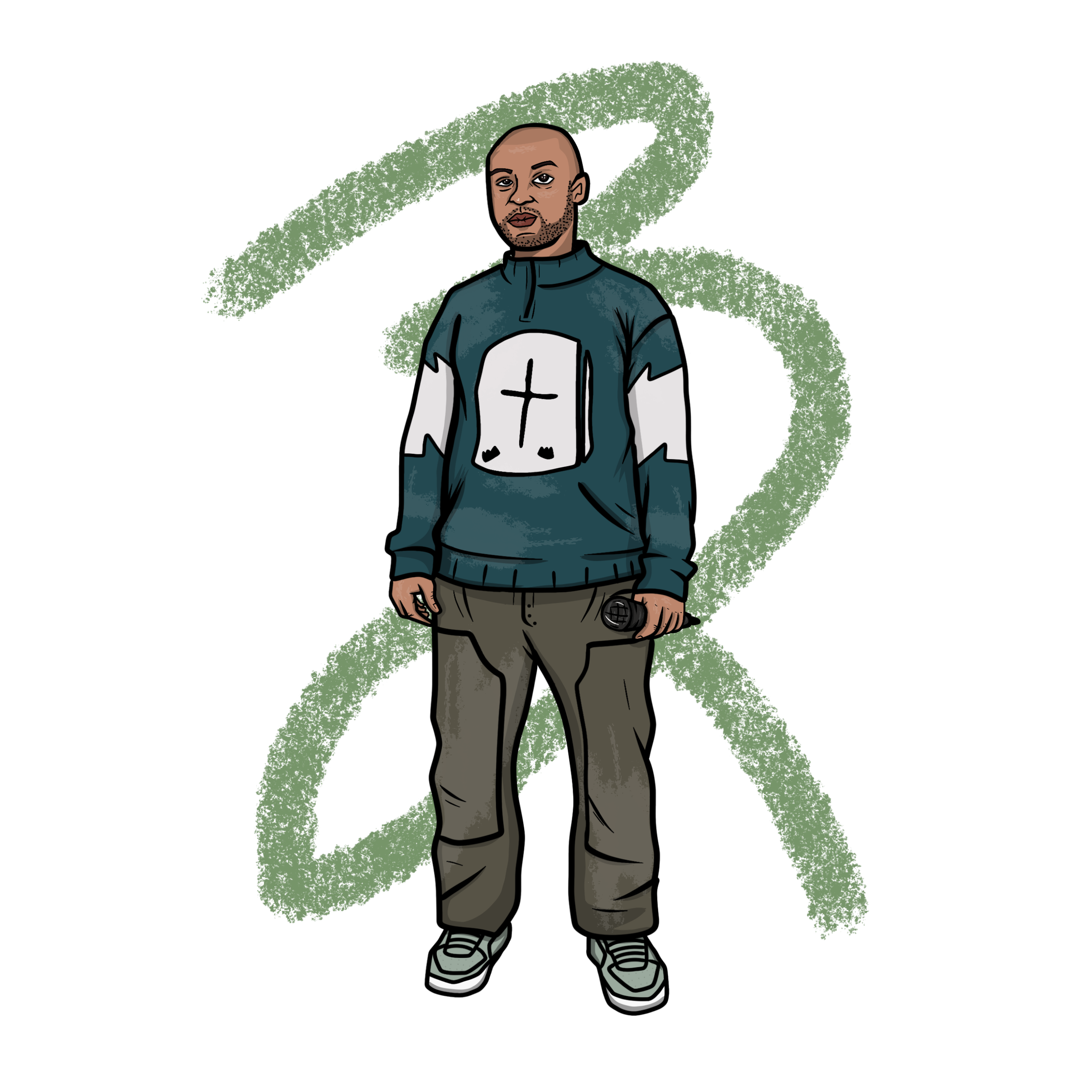 Illustration of a biracial black and white masculine person with close shaven hair wearing a Lonely Grave logo hoodie