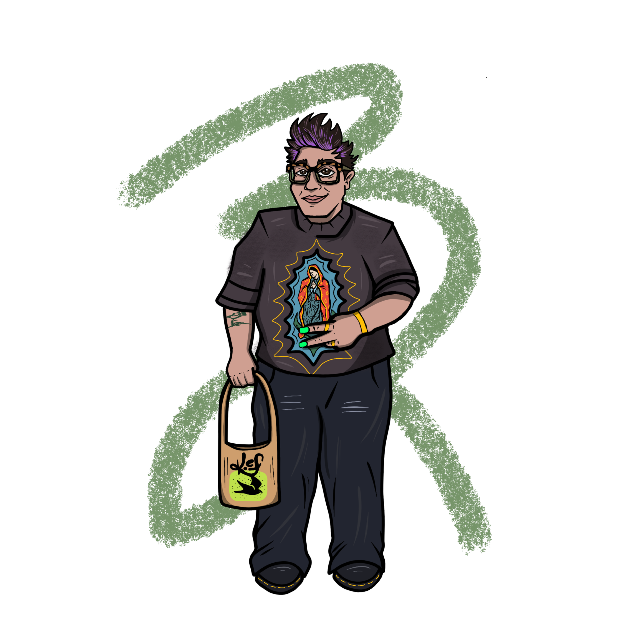 Illustration of a non-binary Chicanx person with short dark hair, glasses, and wearing a green shirt, smiling.