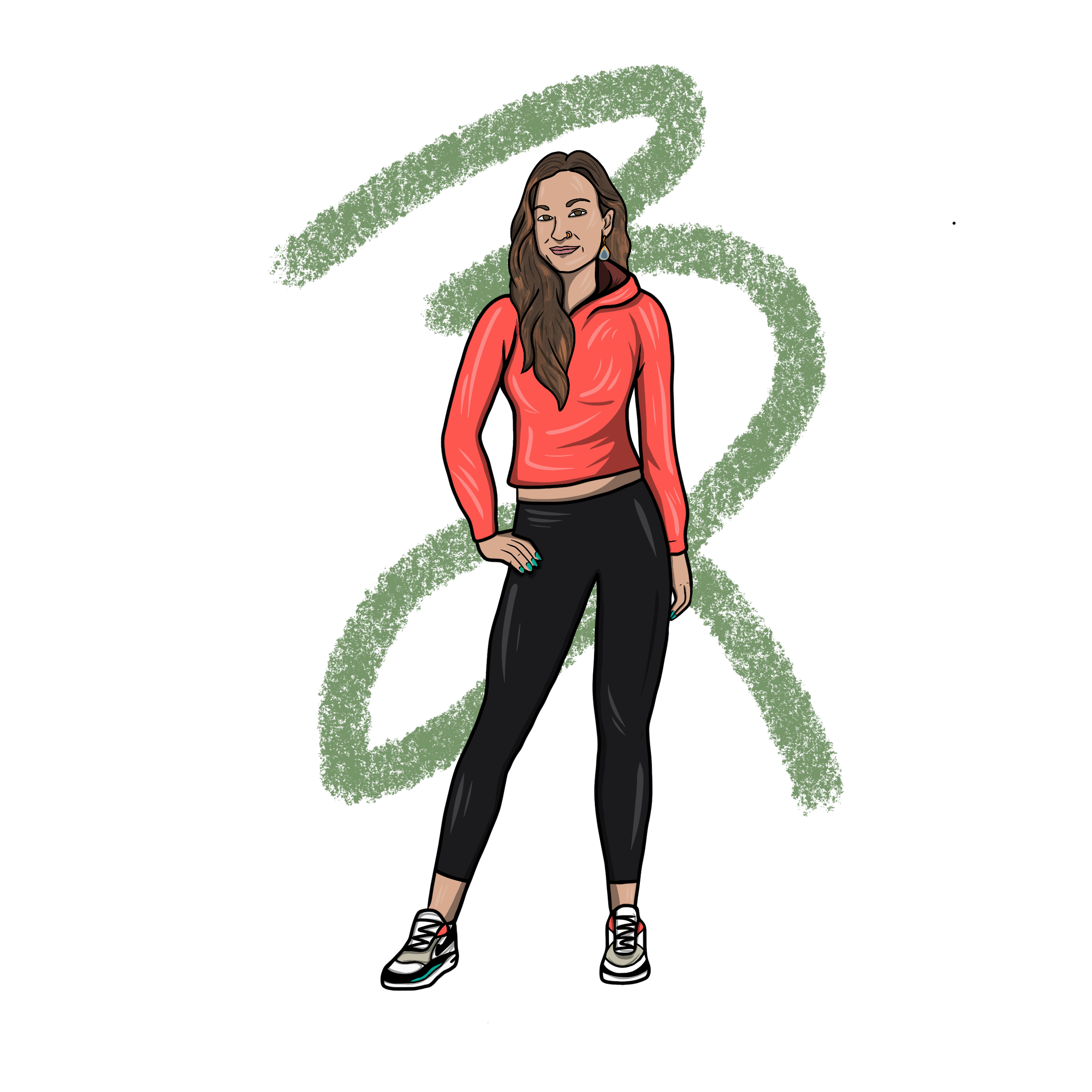 A white woman with long brown hair smiling and standing with hand on hip in athleisure clothes 