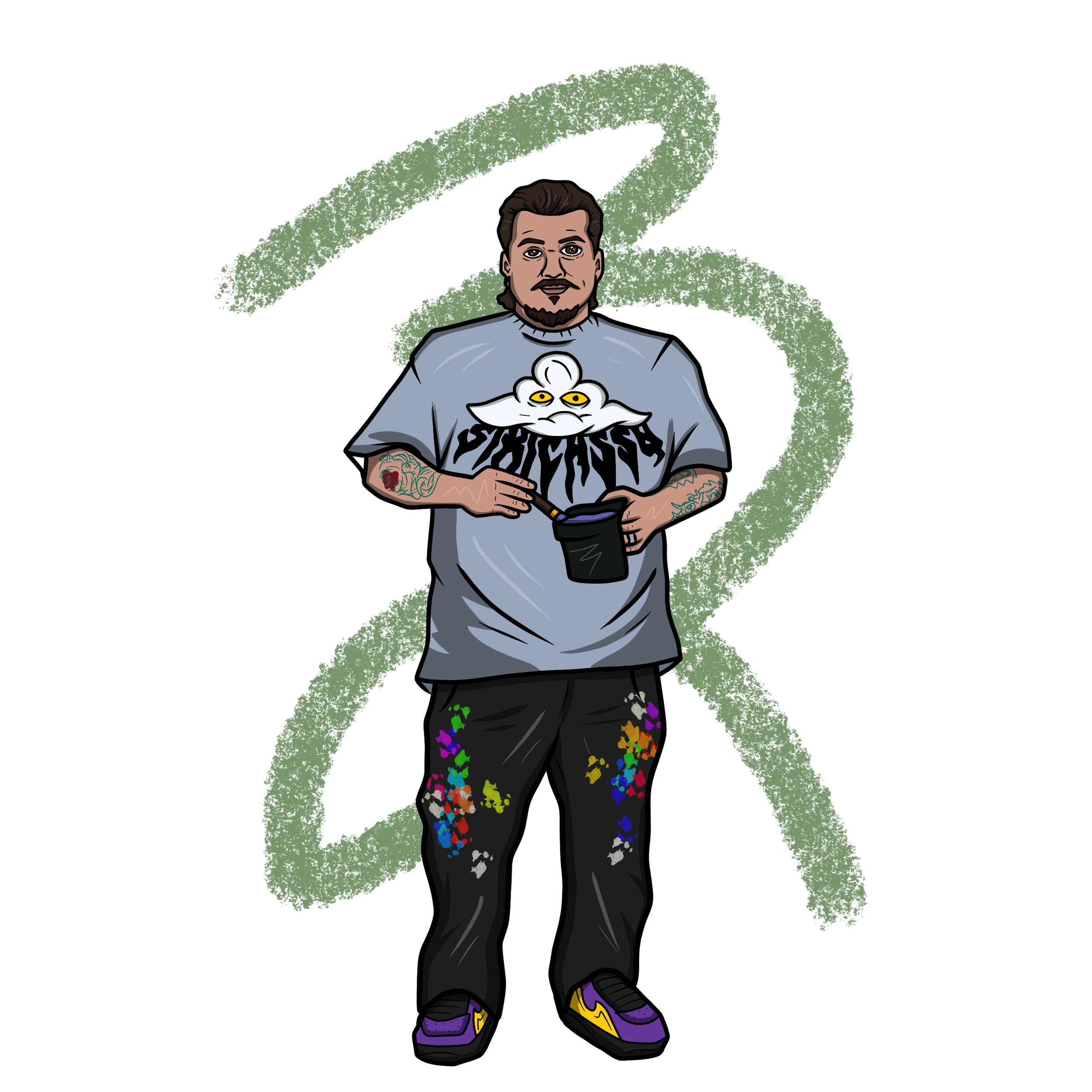 Illustration of a Chicano man with long hair and a beard, wearing a Siricasso tee holding a paint bucket, pants are covered in paint