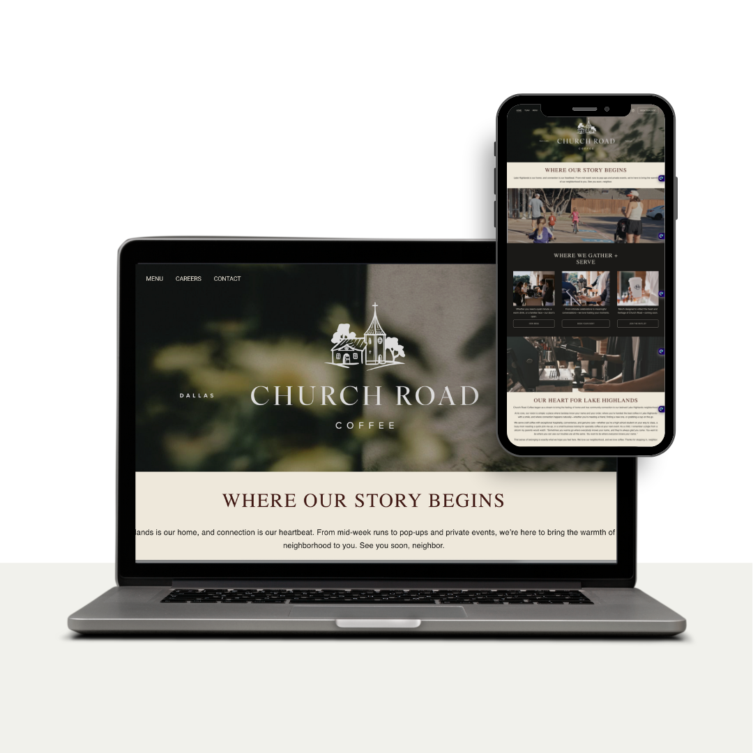 A blurred image of a coffee shop sign for Church Road Coffee in Dallas, Texas, with a graphic of a church and trees, and the text "Dallas", "Texas", "Church Road", and "Coffee".