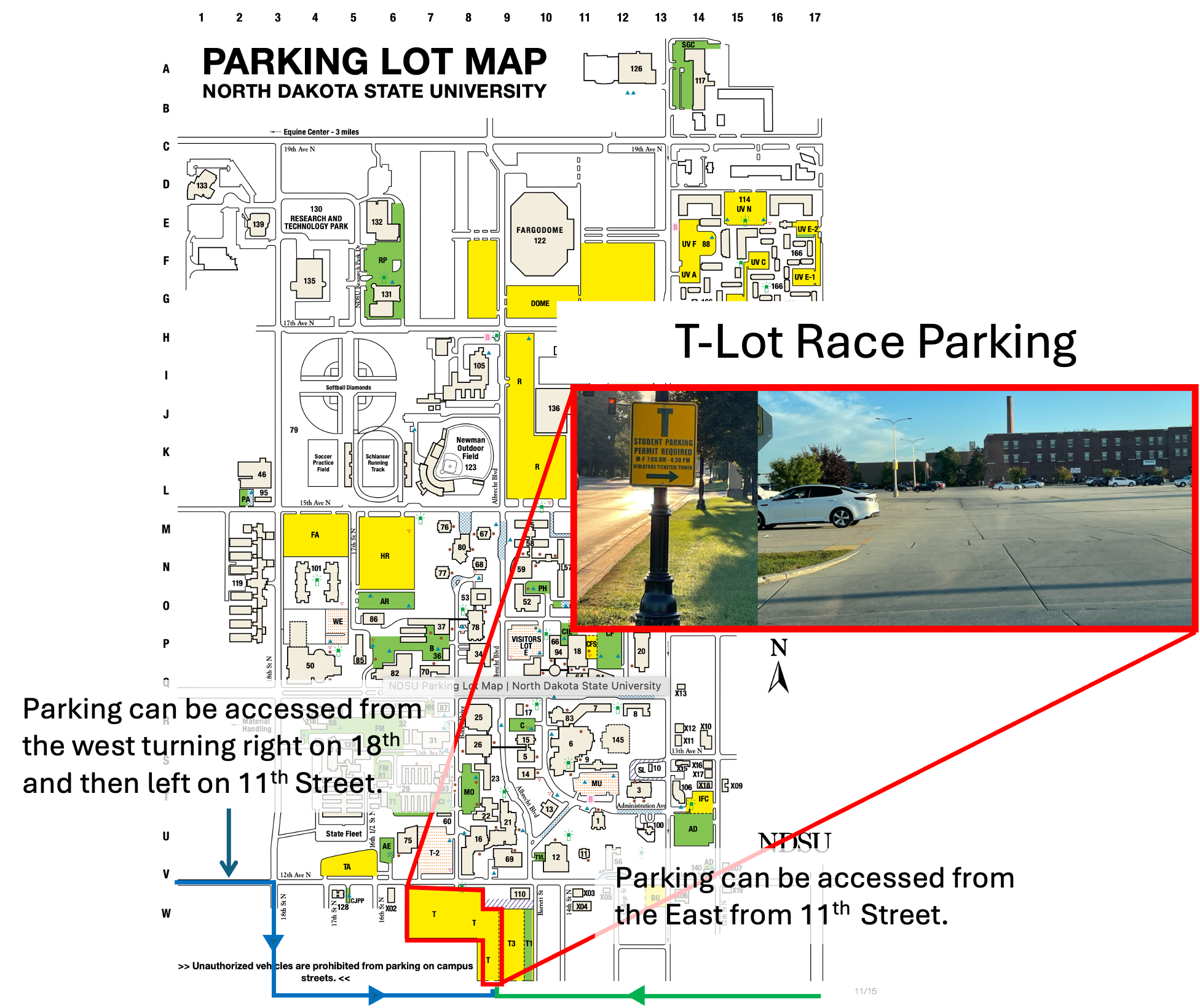 Figure 2: Race Day Parking — access from 18th Ave to 11th Street, T-Lot highlighted