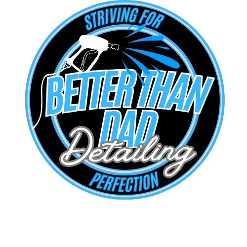 Logo with a car wash spray gun icon, featuring the text 'Striving for Better Than Dad Detailing Perfection' in blue, white, and black colors.