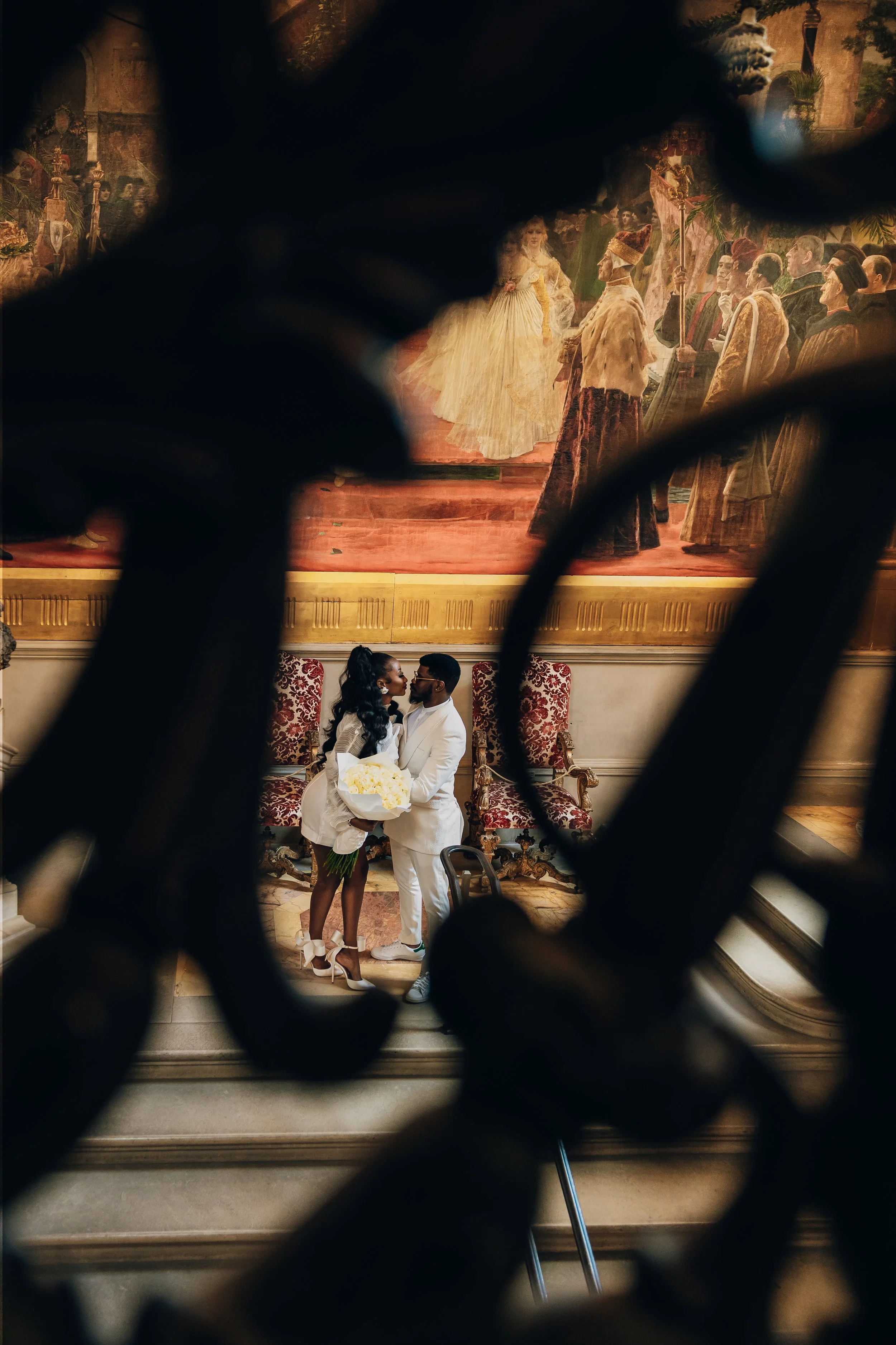 Editorial-style wedding photography of bride and groom in Washington DC at Larz Anderson House 