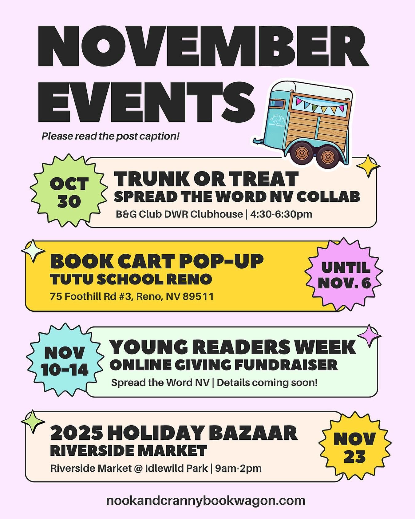 📣 Please read the caption!

There will only be a few times to catch the Book Wagon this month! I&rsquo;m addition to the events listed on our flyer, here is what November has in store for Nook &amp; Cranny ⬇️

💝 Permanent Location: We will have a n