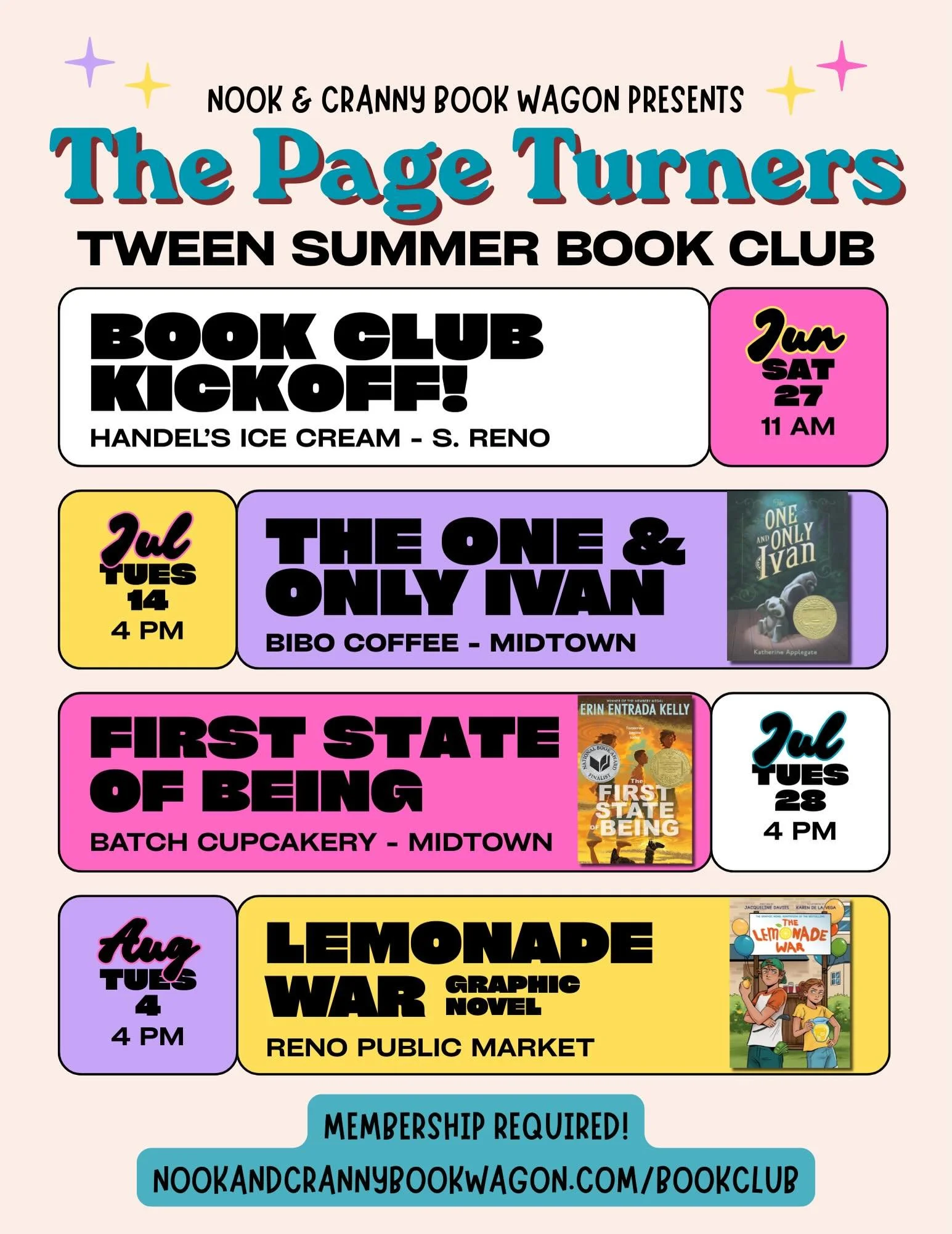 🎉 We have our meeting locations! And spots are filling up FAST! Sign up today for The Page Turners tween summer book club! Huge thank you to @handelsreno at @shaydensummit for hosting our kickoff meeting, and to @bibocoffeeco and @batchcupcakery for