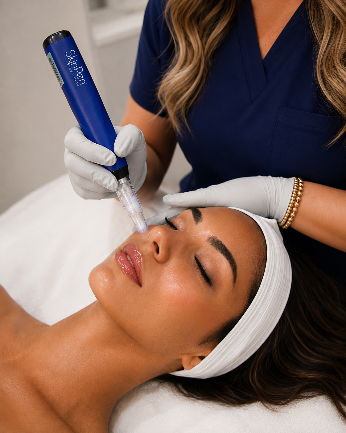A woman receiving a facial treatment with a microcurrent device on her face.