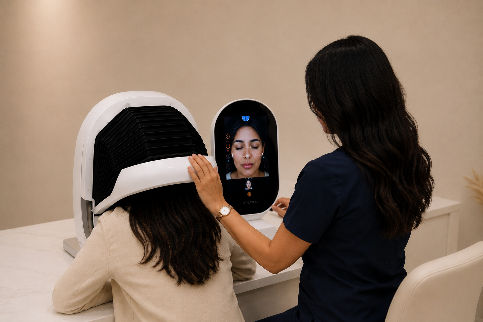 Opatra skin analysis machine scanning the face with RGB, polarized and UV light at Zirios