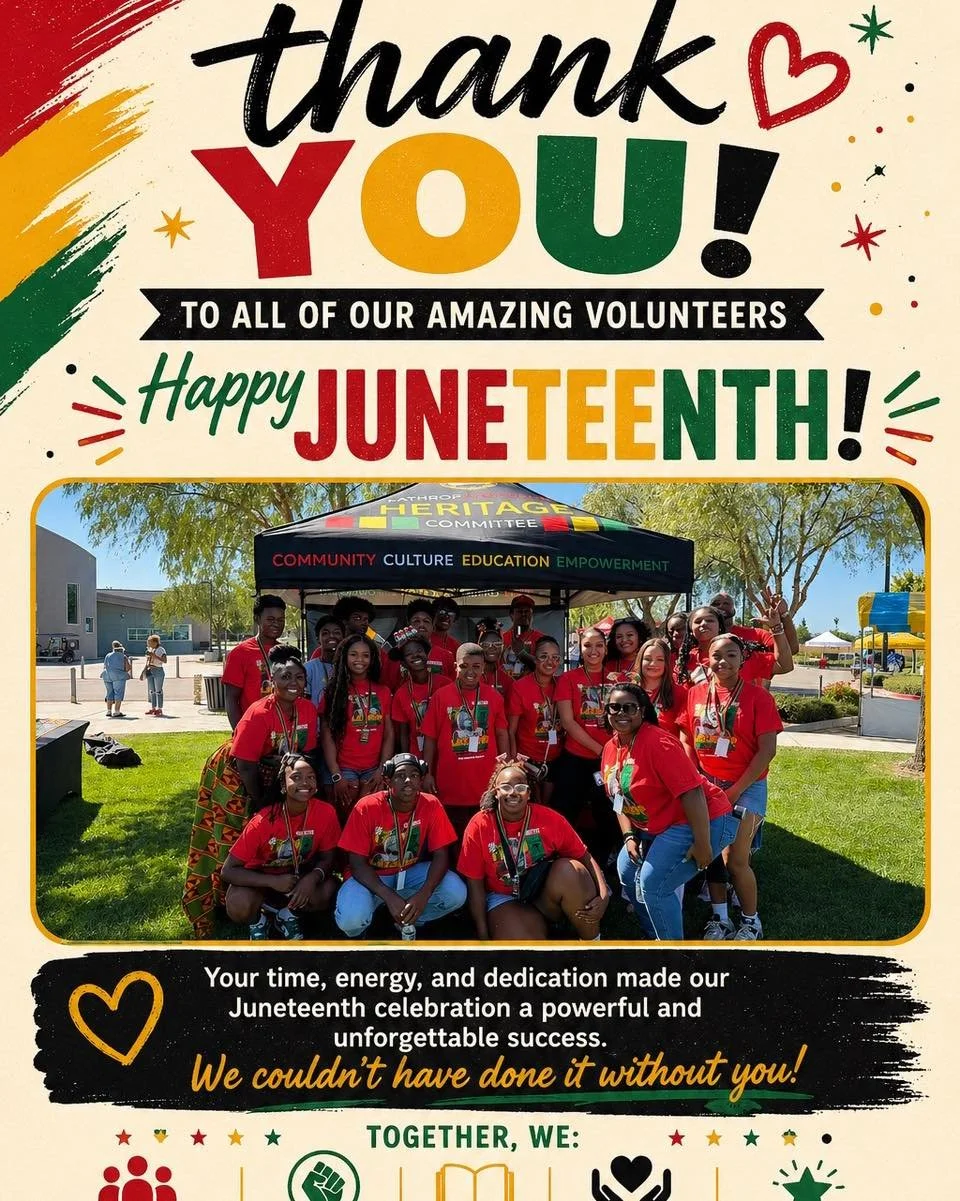 ❤️🖤💚 THANK YOU, VOLUNTEERS! 💚🖤❤️

The Lathrop Juneteenth Heritage Committee would like to extend our deepest gratitude to every volunteer who dedicated their time, energy, and heart to making our Juneteenth Celebration a tremendous success.

From