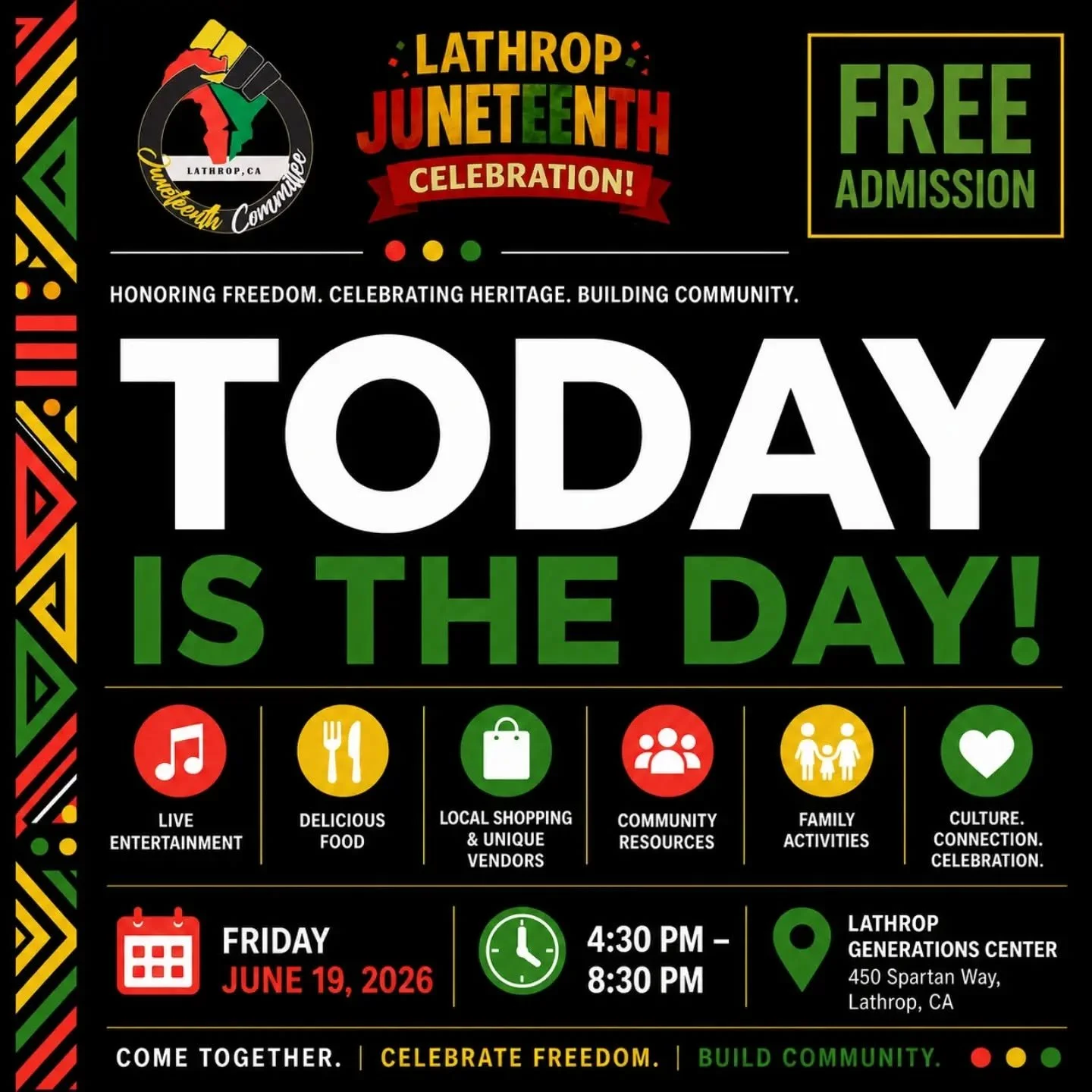 The stage is set. The vendors are ready. The community is gathering.
We'll see you tonight, Lathrop. ❤️💛💚🖤
#LathropJuneteenth #juneteenth #lathropca #celebratefreedom #Community