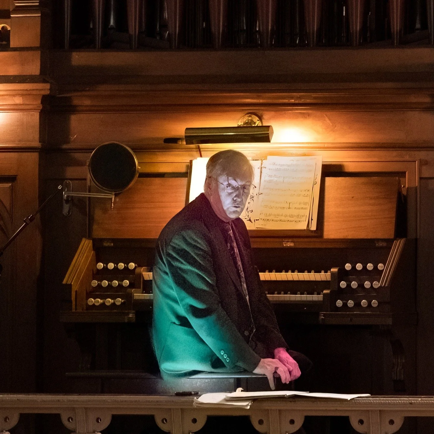A very spooky Michael Barnes at The Old Church's pipe organ performing today at a free lunch time concert. mebrnspnst @theoldchurchconcerthall