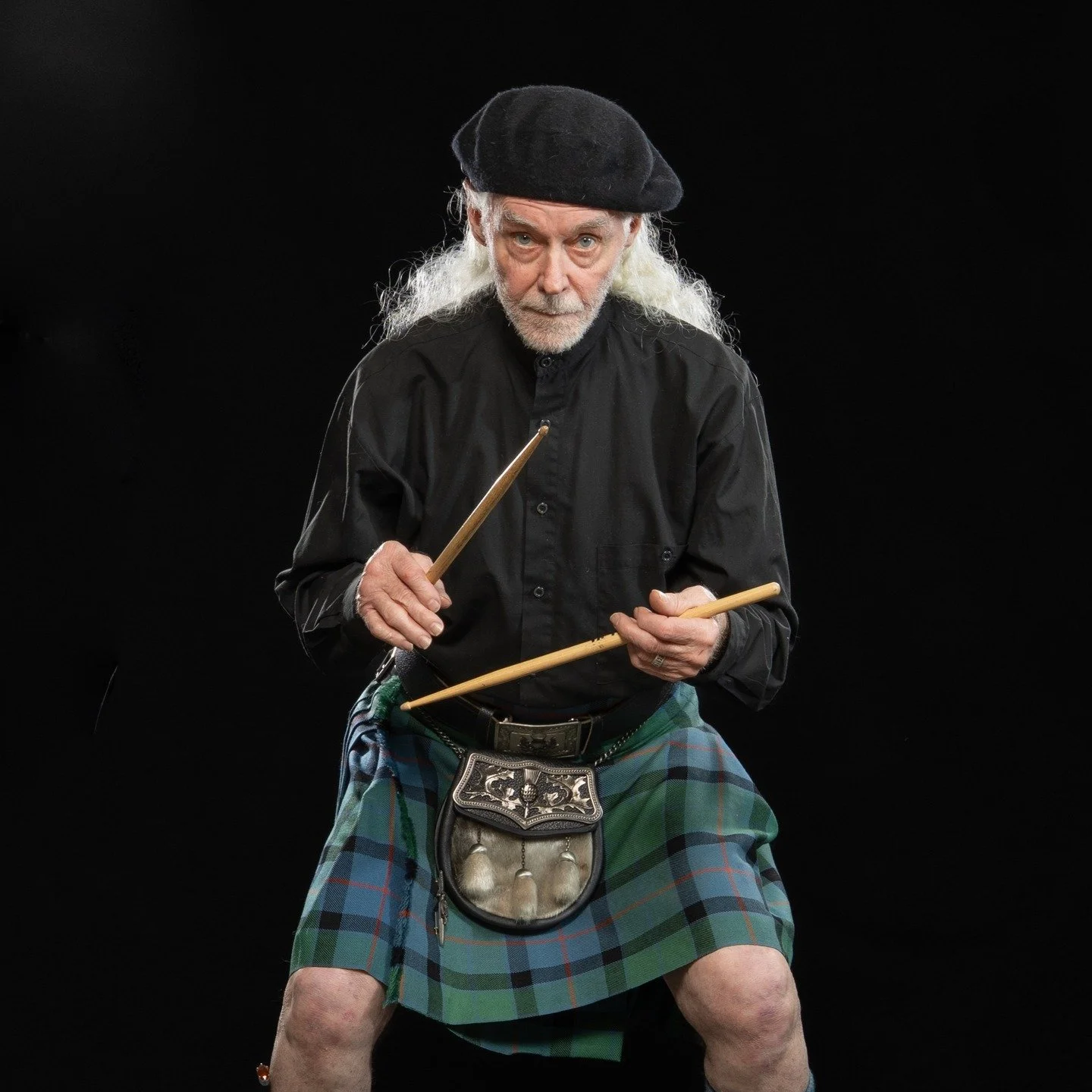 Scotland born and much admired jazz drummer, Alan Cook in my Becker Canyon Studio this afternoon. Alan brought along his kilt and I could not resist asking him to channel his inner 17-year old rock &amp; roll self. @jeremywilsonfoundation @beatrootal