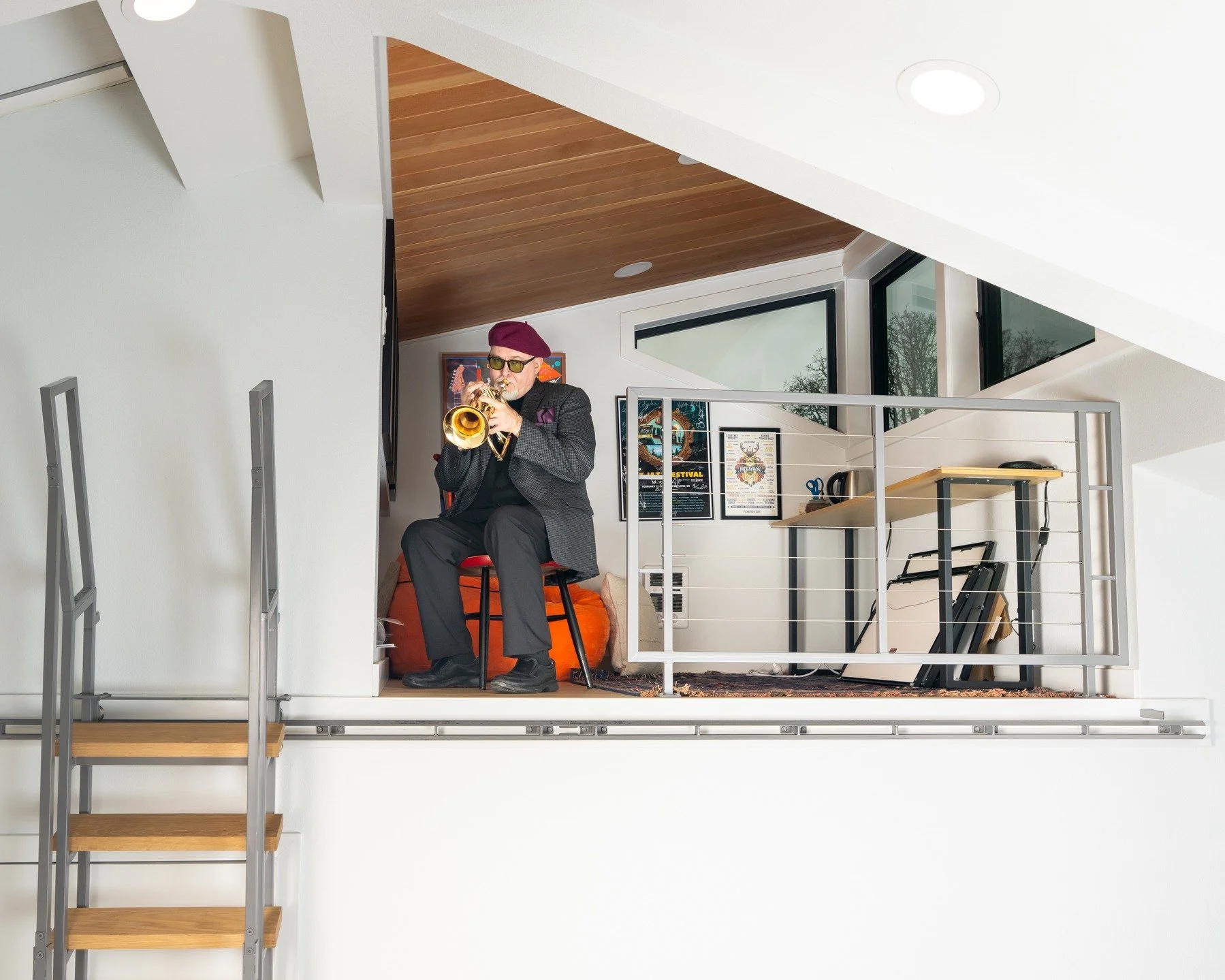 Flugalhorn artist, Dmitri Matheny returned to Becker Canyon Studio today with an idea. He climbed the ladder into the studio loft. I lit the scene and this is the result. @dmitrimatheny