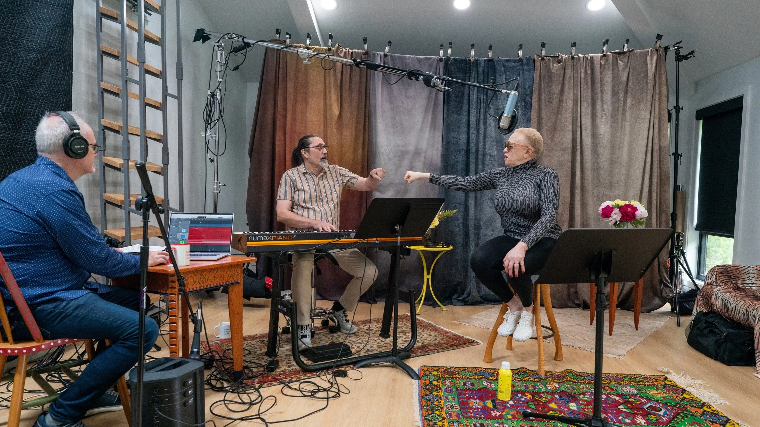 Big day yesterday in Becker Canyon Studio. The space was transformed into a sound studio for the day to record Mark and LaRhonda Steele who are shown here as they started the hours-long session. The recording was overseen by none other than Paul K. W