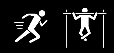 Icon of a person running on the left and a person doing pull-ups on the right.