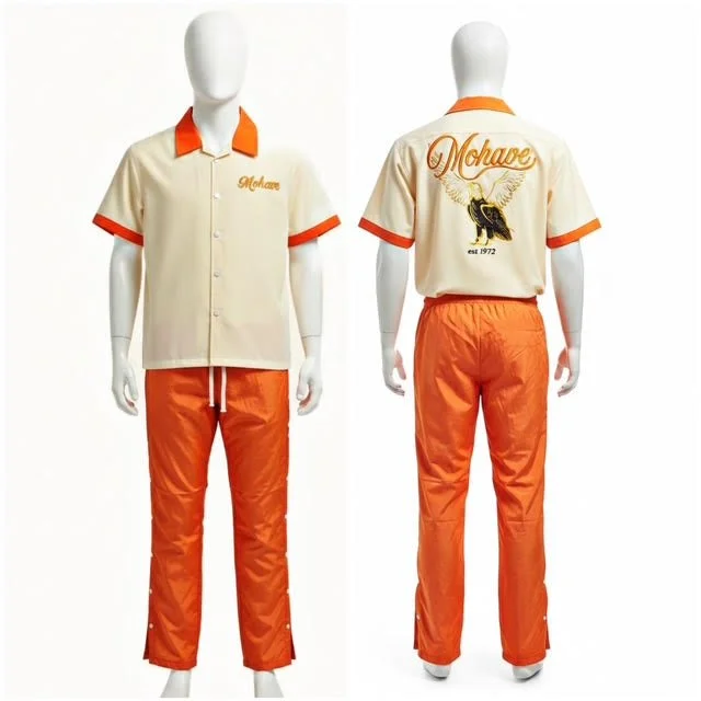 Beige and orange vintage-style men's tracksuit with 'Mohave' embroidery, displayed on a mannequin. The front has a button-up beige top with orange collar and sleeve trim, and the back features a graphic of an eagle with 'est 1972' and 'Mohave' embroidered above.
