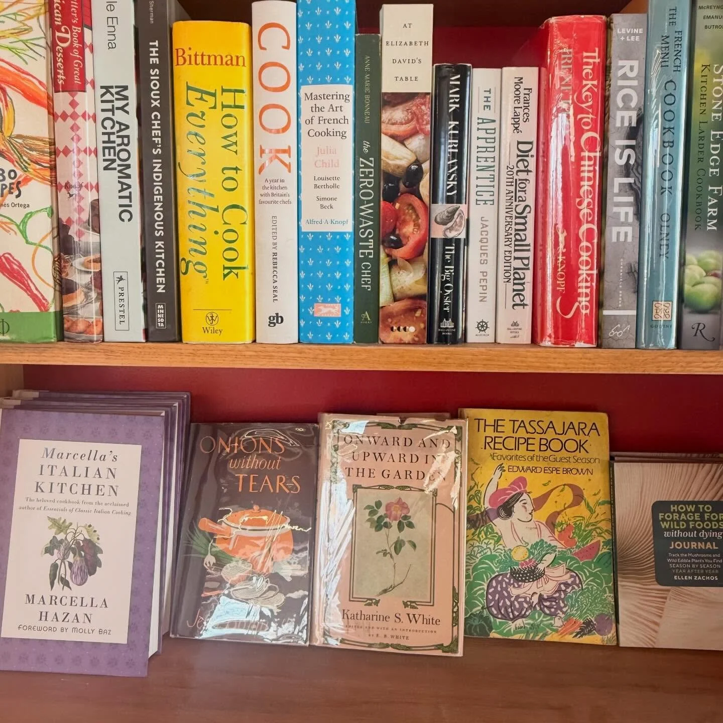 Old and new classics going up in the food section today. Hazan, David, Waters, Kuo, Child, Heatter&mdash;there are whole worlds in just those books. 

#cookbooks