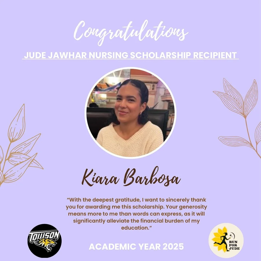 We&rsquo;re thrilled to announce the 2025 recipient of the Jude Jawhar Nursing Scholarship at Towson University: Kiara Barbosa! 🎊

Kiara embodies the compassion, drive, and dedication that defined Jude&rsquo;s legacy. As she continues her journey in