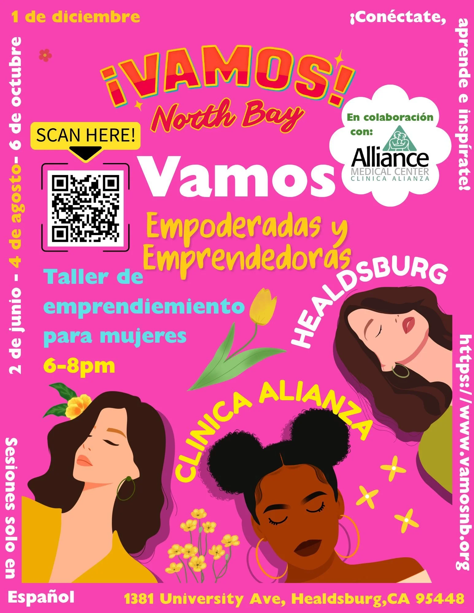Bright pink flyer promoting an event on December 1st for empowered women entrepreneurs, with details about a workshop from 6 to 8 pm, featuring illustrations of diverse women with flowers, and a QR code for more information.