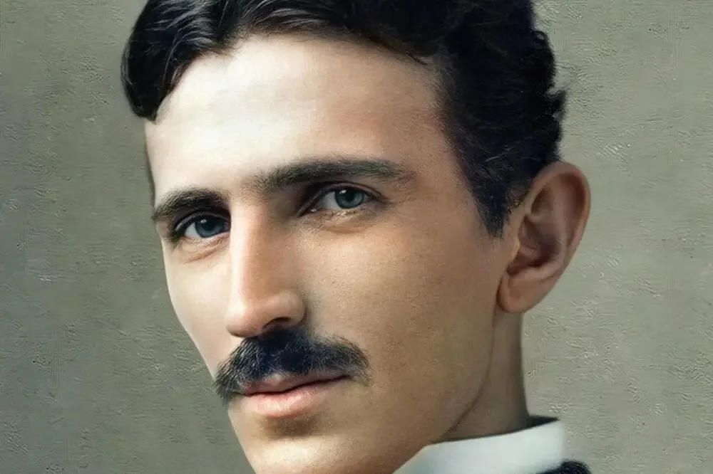 Colorized portrait image of Nicola Tesla