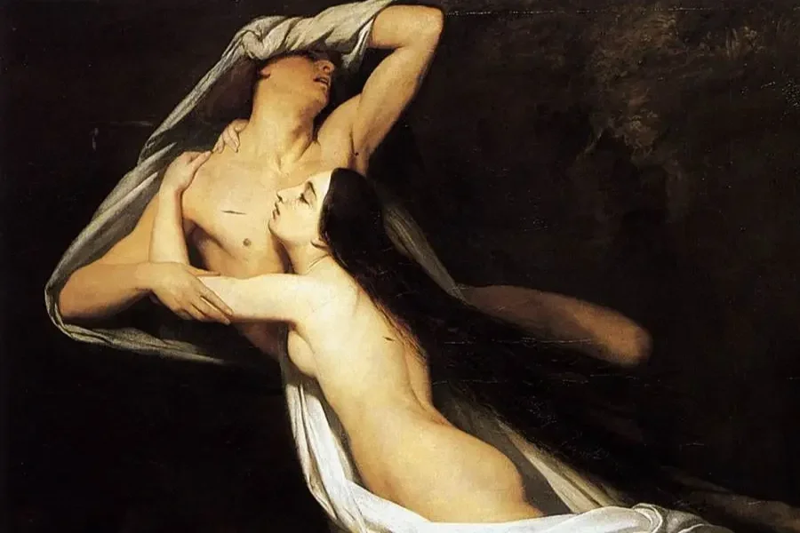 A section of a painting by Ary Scheffer called The Ghosts of Paolo and Francesca Appear to Dante and Virgil