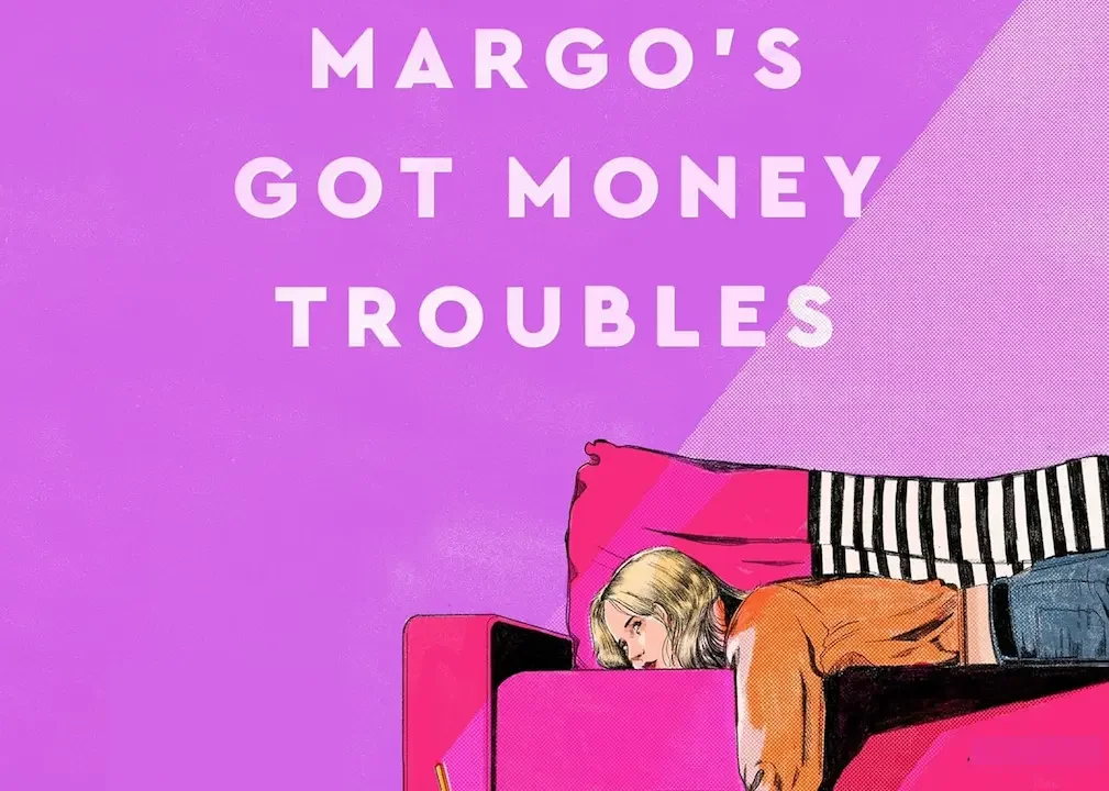 Cover image for Margo's Got Money Troubles by Rufi Thorpe, showing a blonde woman lying on a pink sofa with a laptop against a purple background