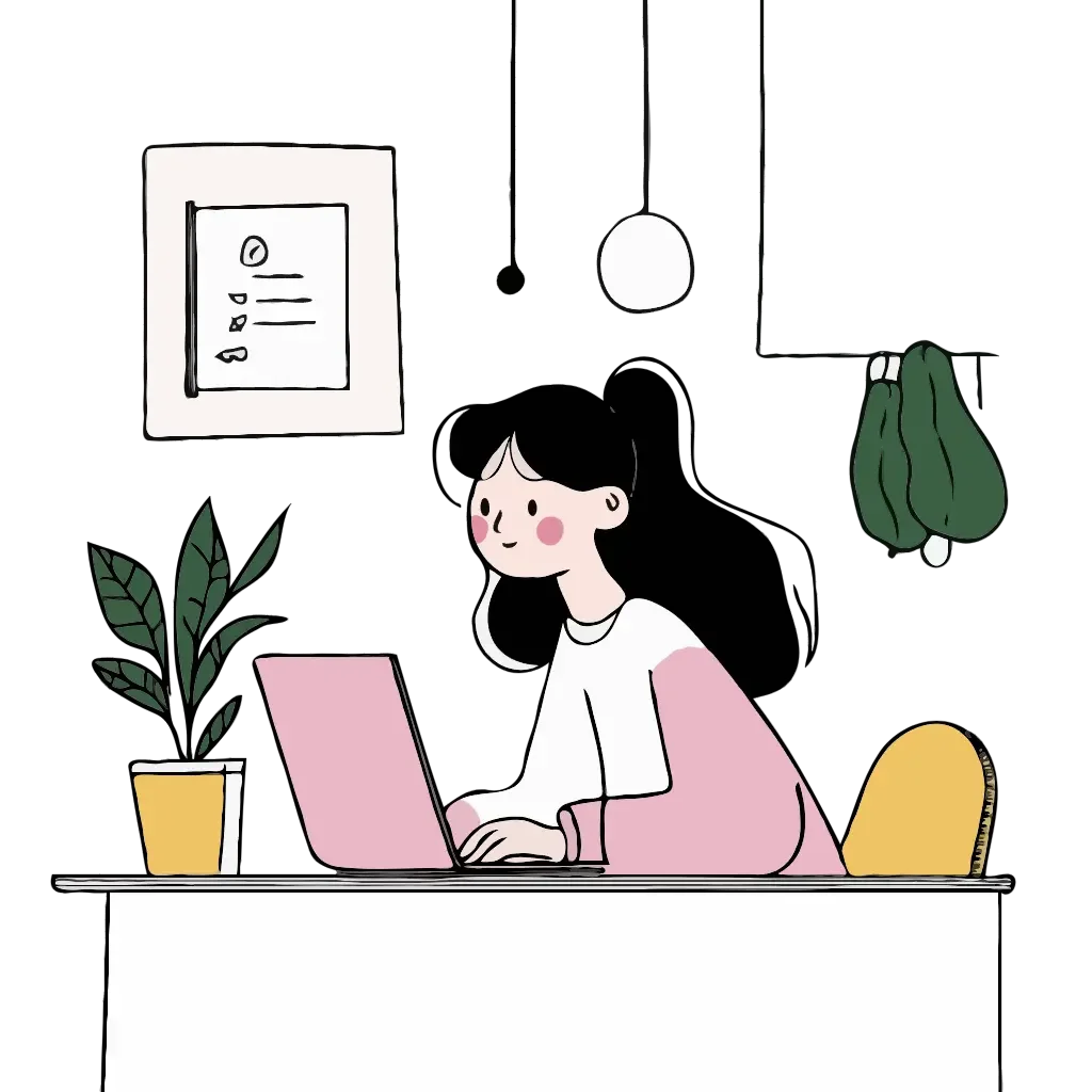 Woman at a laptop on a desk with a pot plant answering emails