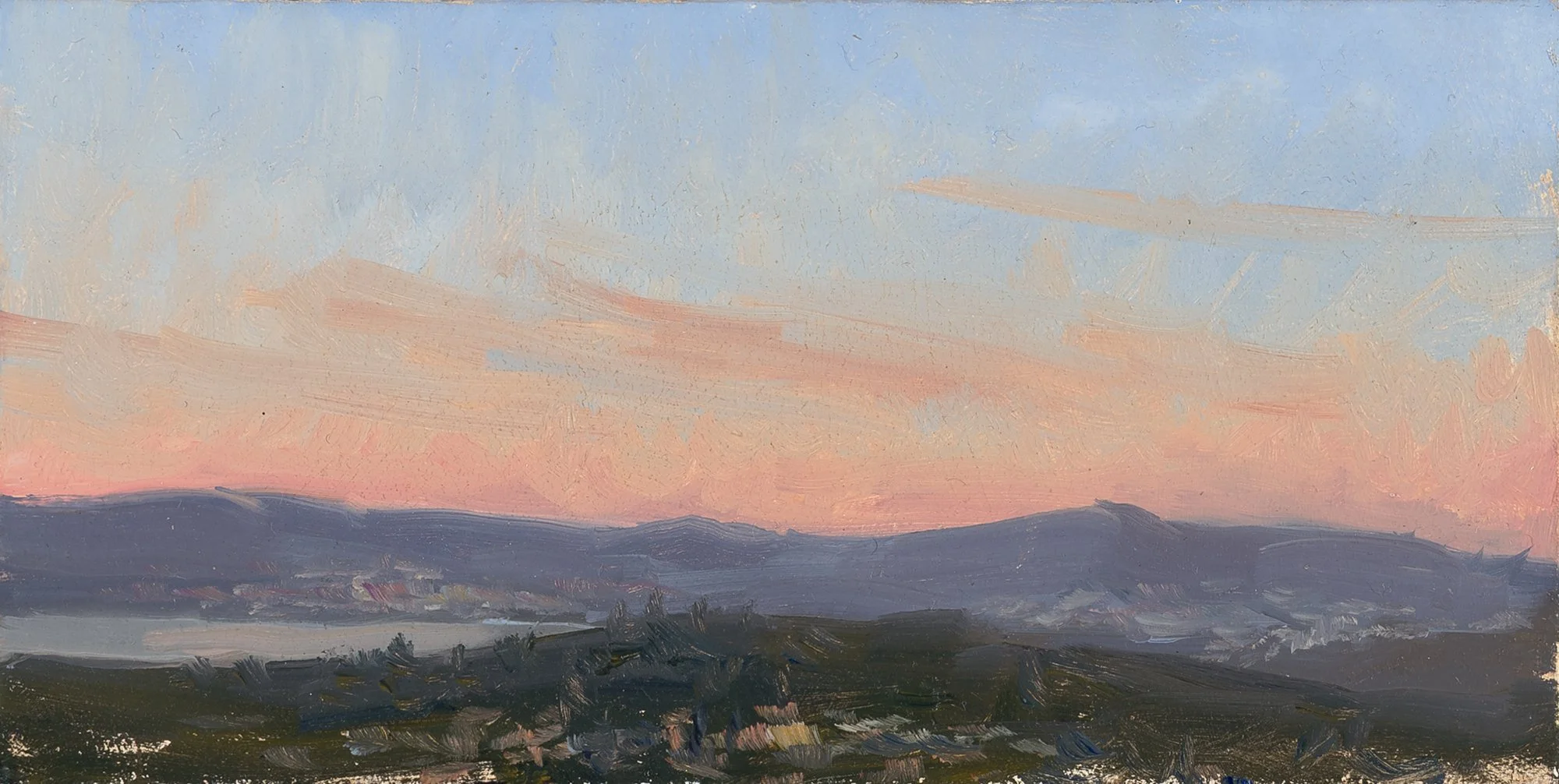 Dusk from Athleen. Oil on wood.