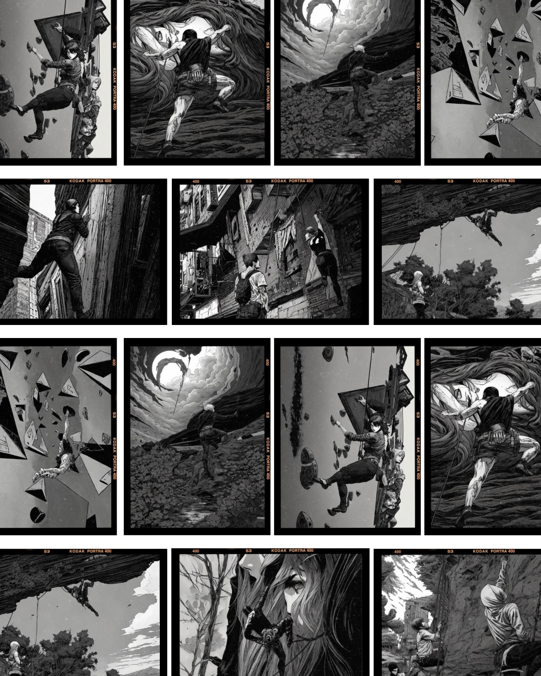 A collage of various black-and-white comic-style illustrations depicting people rock and wall climbing. Some images show climbers ascending cliffs, others depict them scaling urban walls or artificial climbing structures. Several scenes include surreal or dramatic backgrounds, adding a sense of adventure and tension to the visuals.
