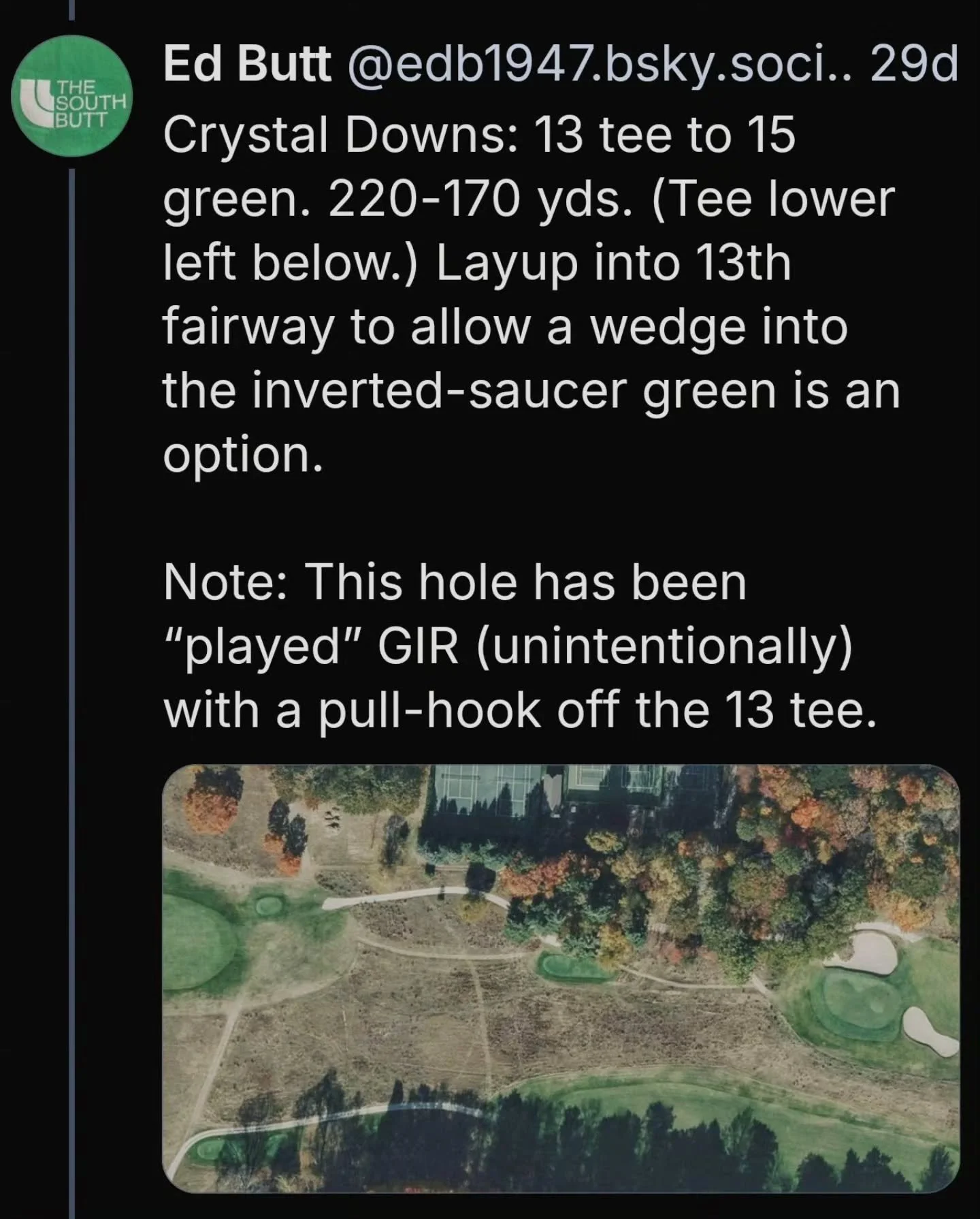 Many congratulations to Ed Butt, winner of this year's Holes That Aren't Holes competition with this entry from Crystal Downs.
