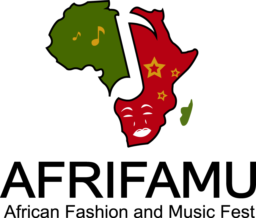 A stylized map of Africa with a green and red color scheme, featuring musical notes in the green area and star decorations in the red area, along with a smiling face on the continent.