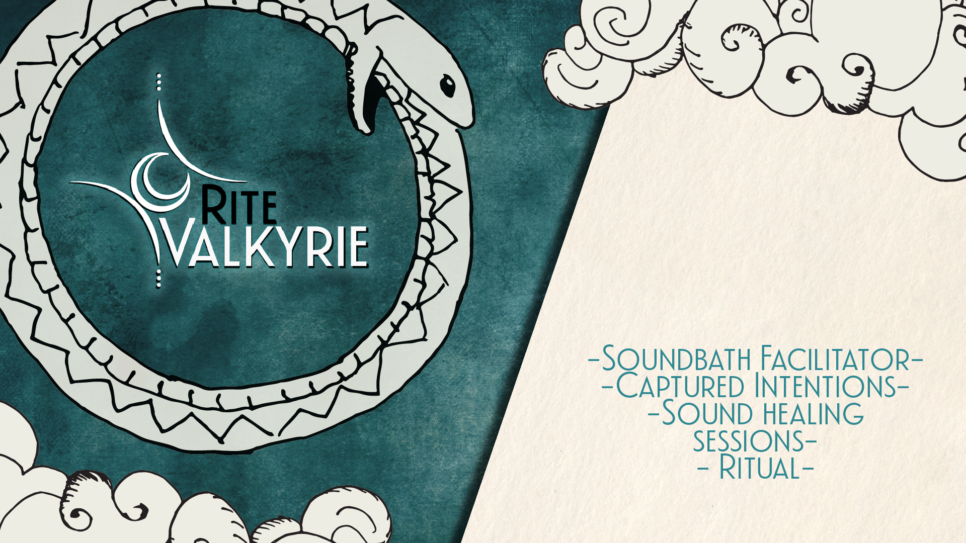 Artwork featuring a silver-colored serpent coiled around a circular emblem with the text 'Rite Valkyrie' and phases of a ritual, including soundbath facilitator, captured intentions, sound healing sessions, and ritual.