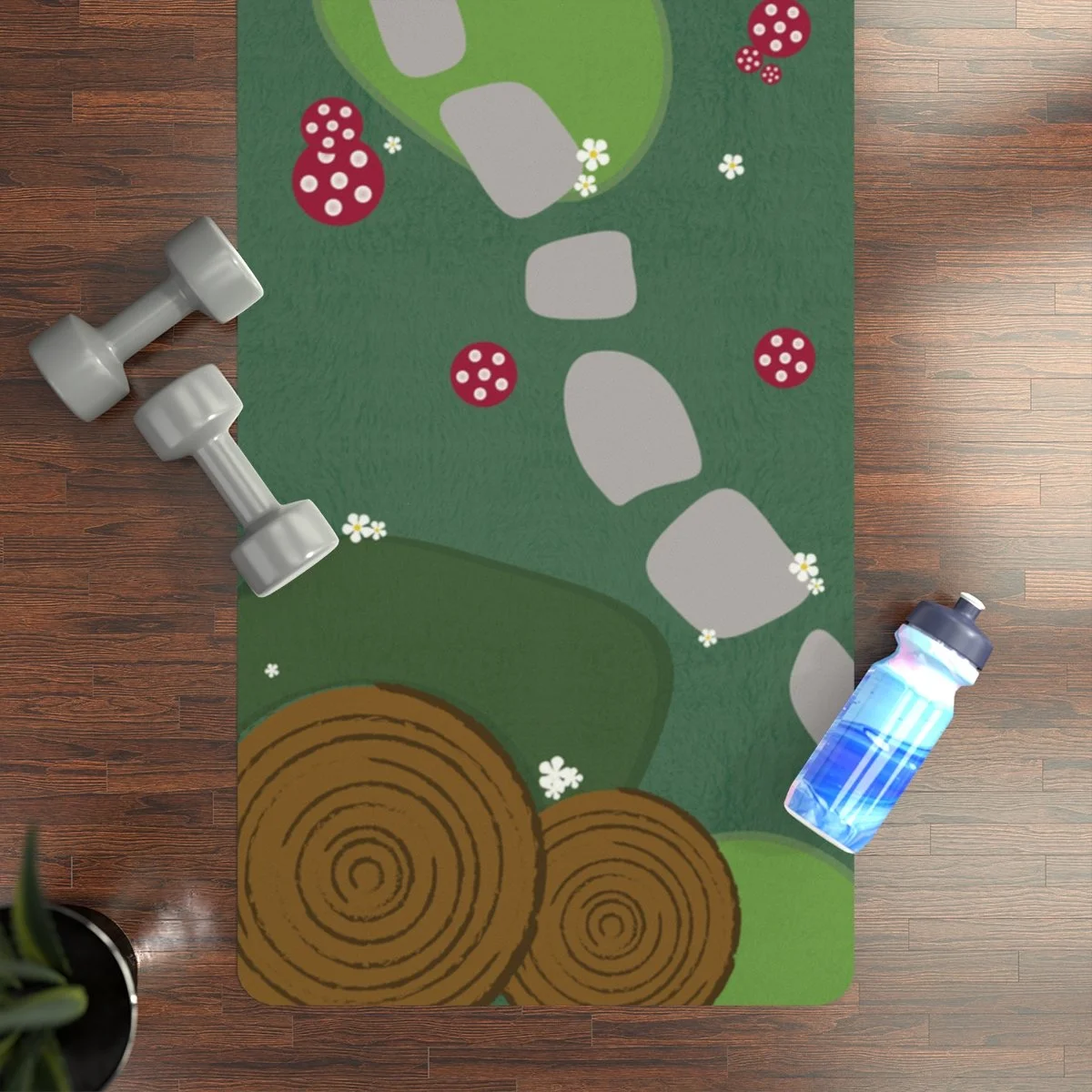 An animated outdoor scene on a green mat with stones, flowers, and logs, surrounded by workout water bottles and dumbbells on a wooden floor.