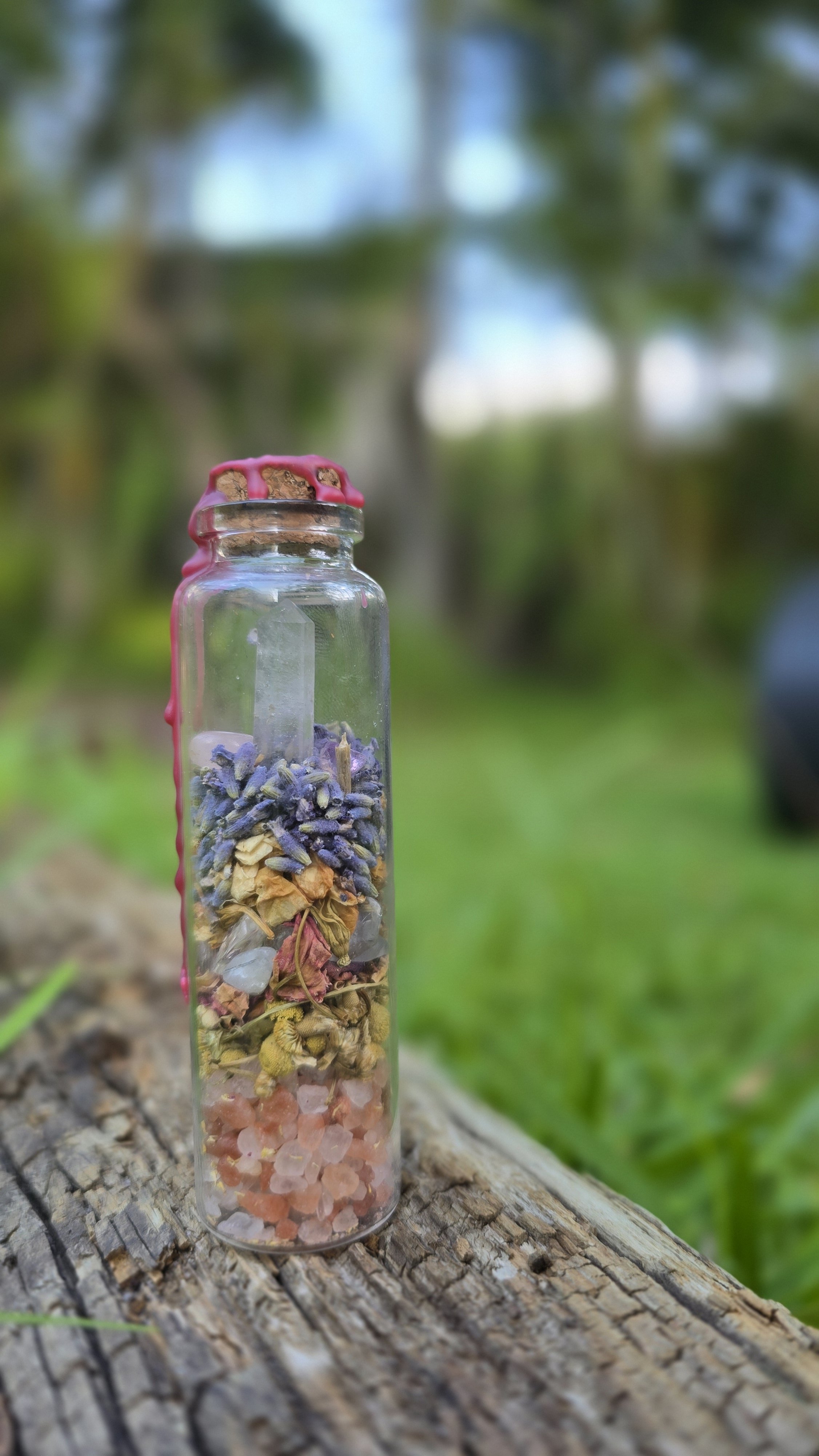 A clear glass vial filled with various dried herbs and salts, with pink wax sealing the top, placed on a weathered wooden surface outdoors with green trees and blurred background.