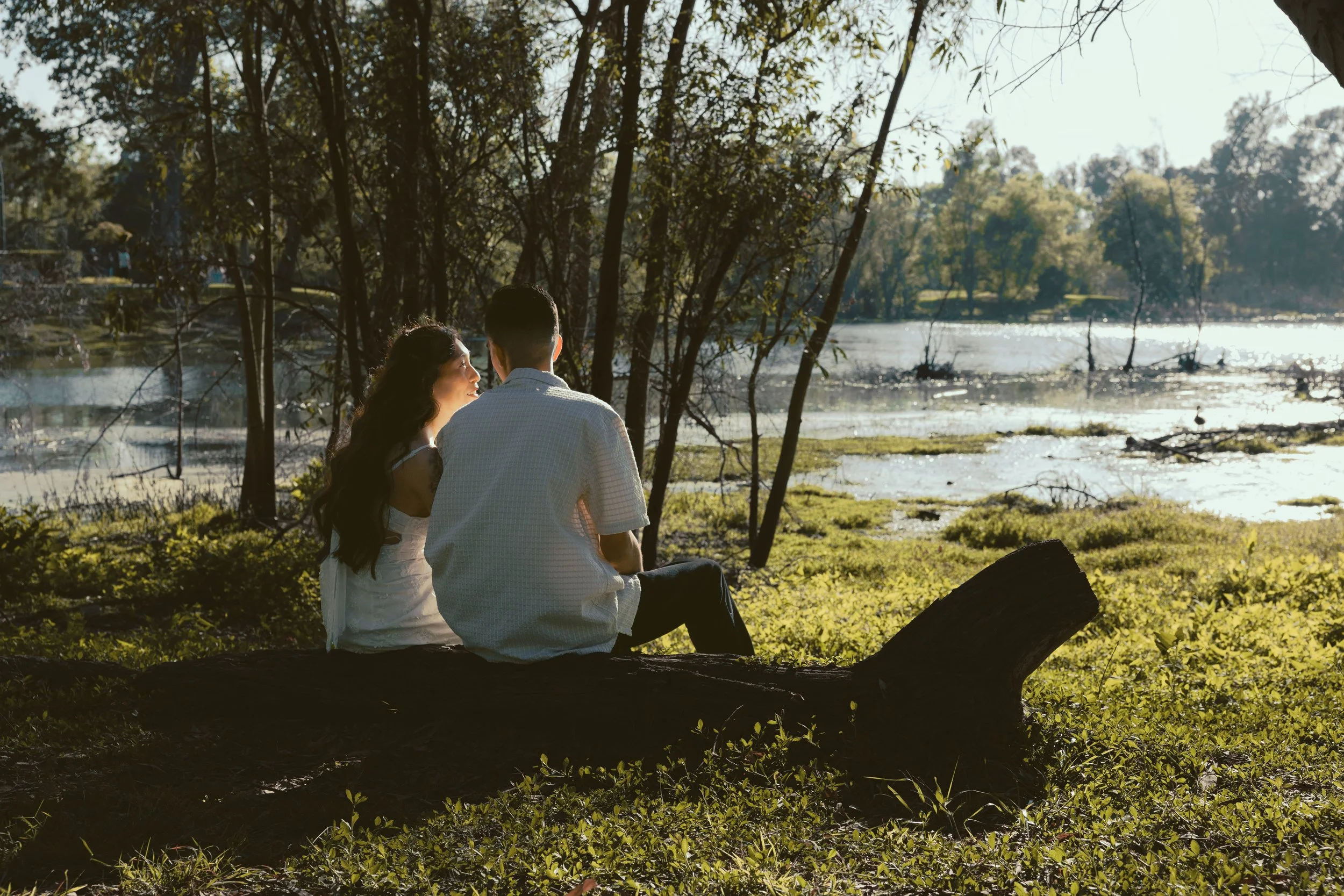 A couple sitting on a log near a body of water in a wooded park, facing away from the camera, with trees and sunlight reflecting off the water in the background.