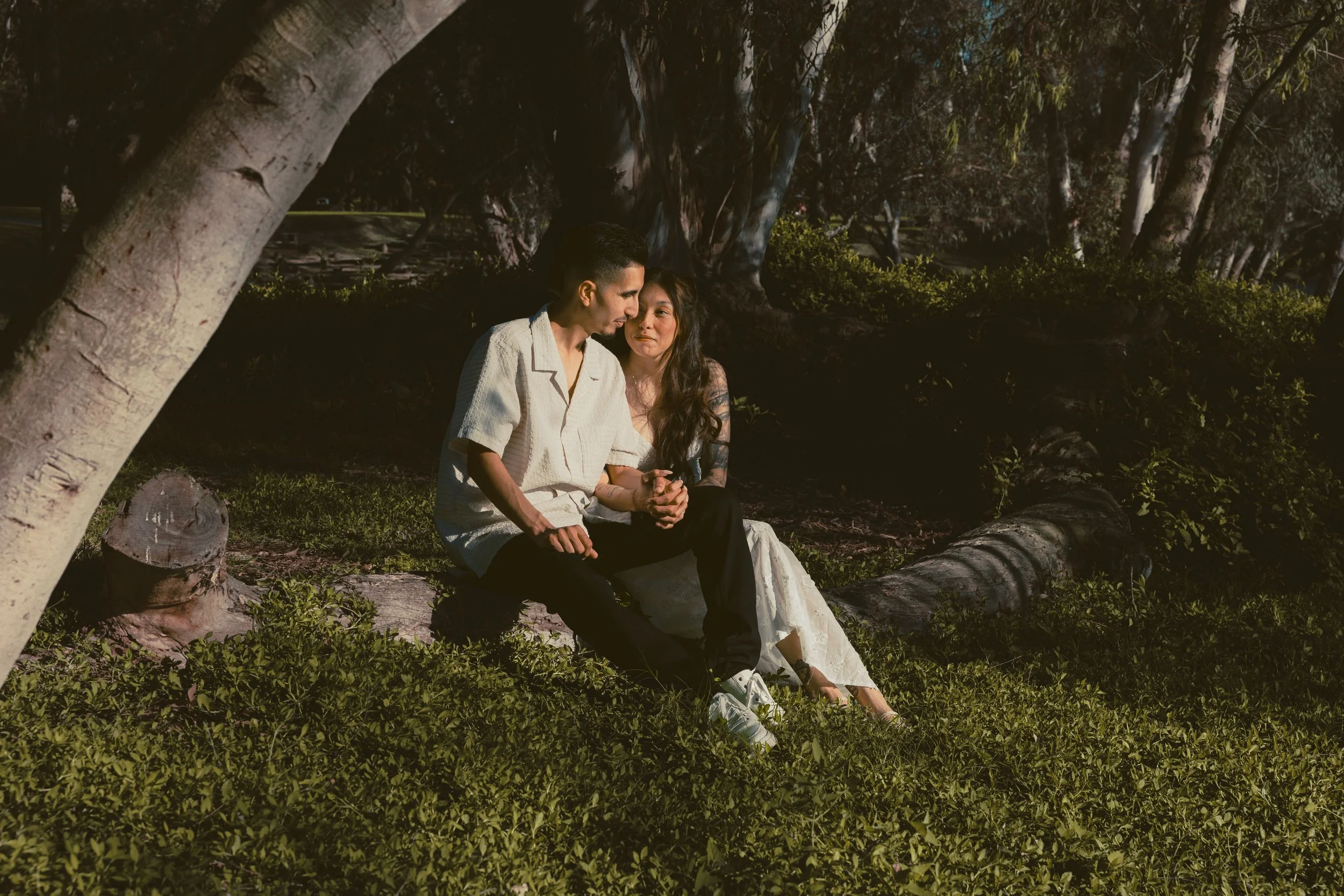 A man and woman sitting closely on a fallen tree trunk in a forest, with the man wearing a light-colored shirt and the woman in a strapless dress. The woman has long dark hair and tattoos on her arm. They are looking at each other, with the woman app