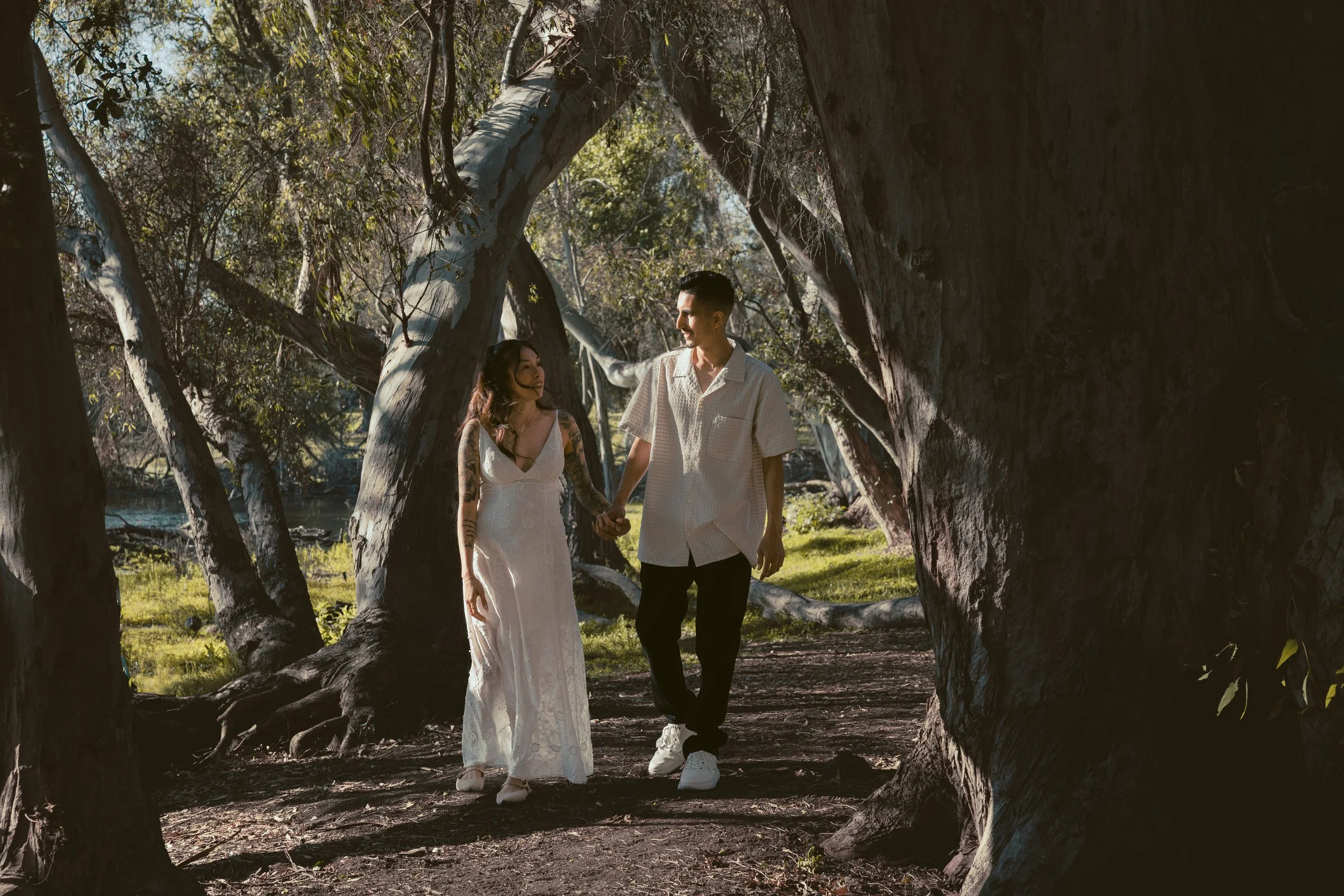 A couple holding hands and smiling at each other while walking through a wooded area with large trees and sunlight filtering through the leaves.