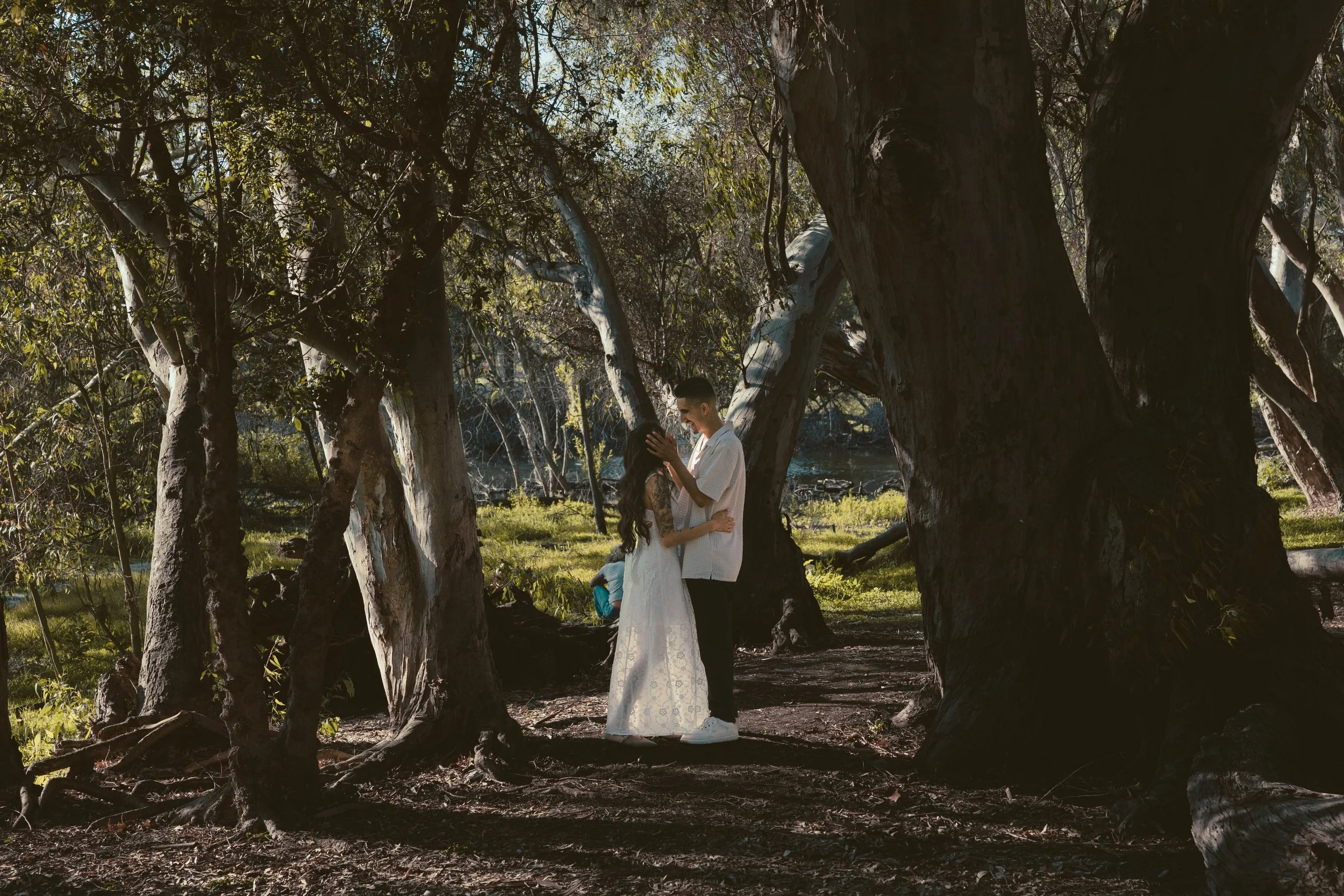A couple dressed in white, standing under large, ancient trees with twisted branches, near a body of water, in a natural forest setting.