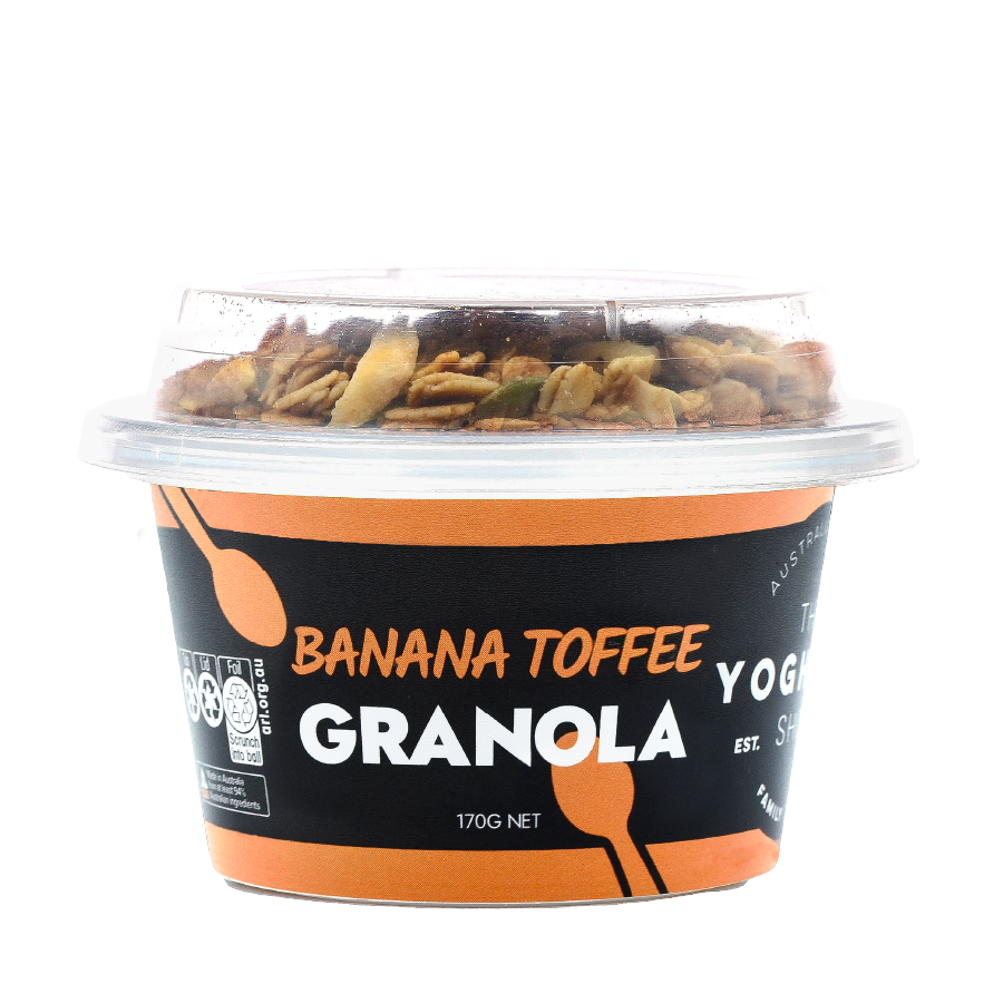 Banana Toffee Granola yoghurt 170g tub, showing granola mix under a clear lid and the product label. Ready-to-eat breakfast or snack.
